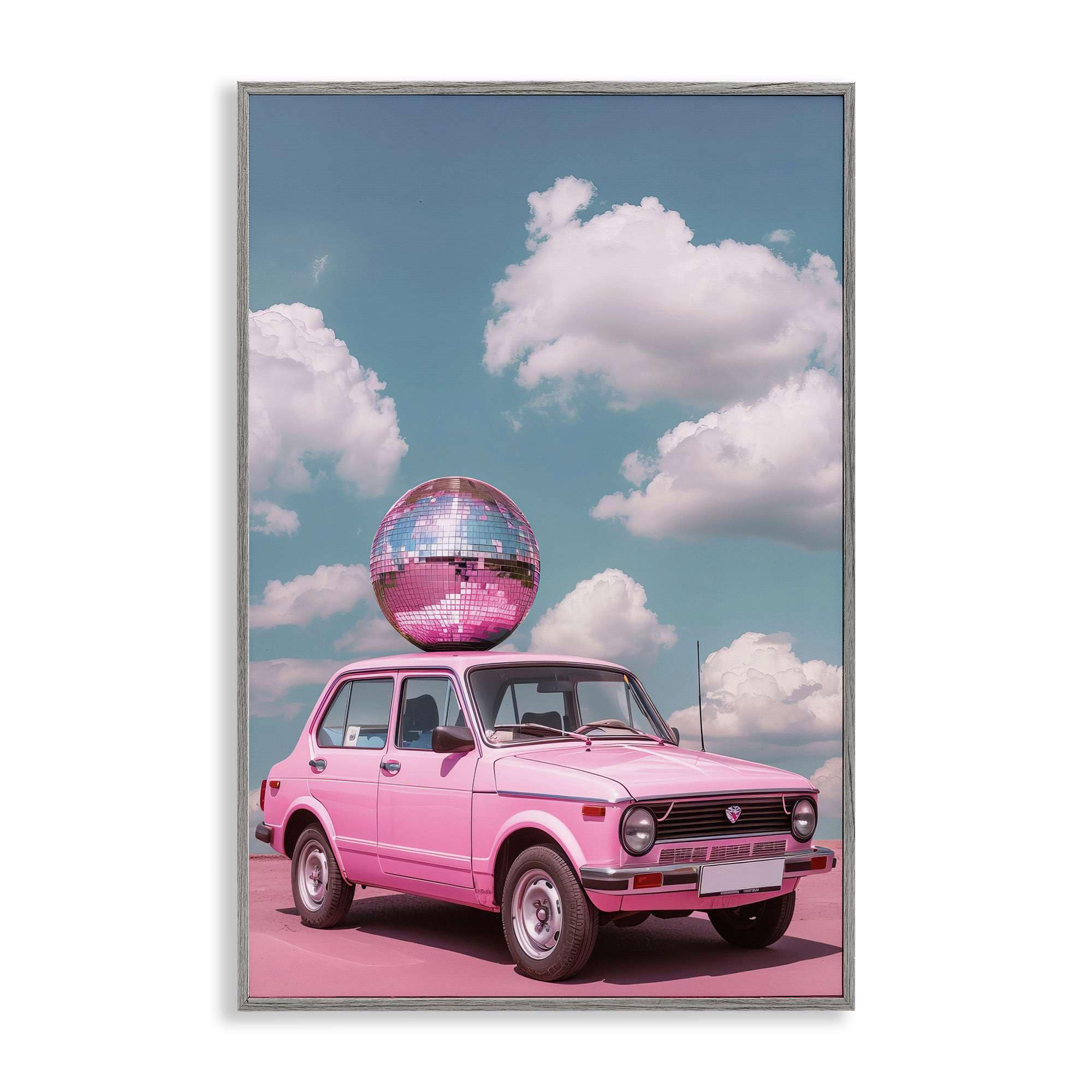 Stupell Industries BT-644-GFF-12X18 Disco Ball Car and Clouds Gray Framed Giclee Art By LSR Design Studio 12 x 18