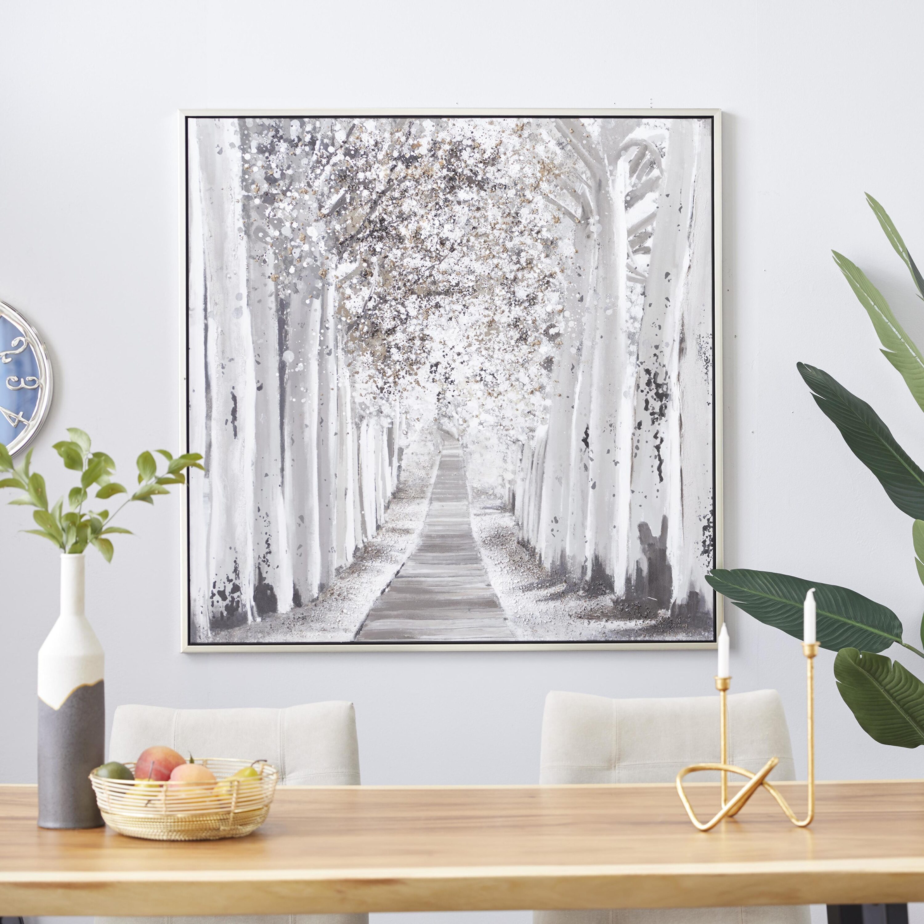 Grayson Lane 87892 White Canvas Forest Landscape Framed Wall Art with Silver Frame 47" x 1" x 47" Gold Framed 47-in H x 47-in W Landscape Canvas Painting