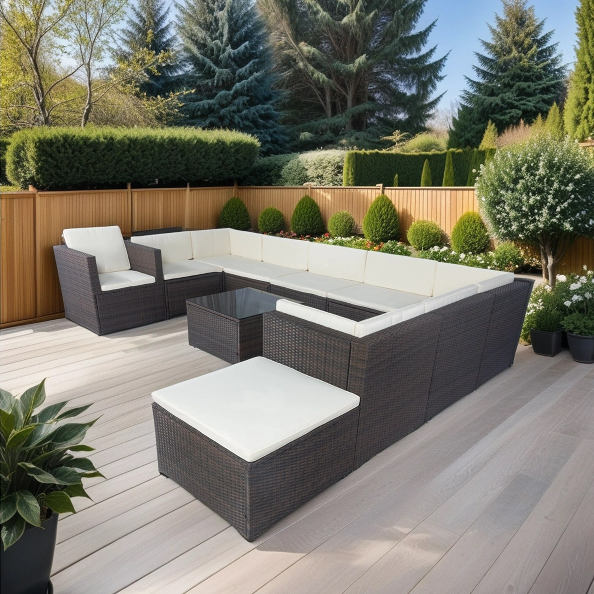 BABOOM BOM-2AAEORUST 11 -Piece Rattan Patio Conversation Set with White Cushions