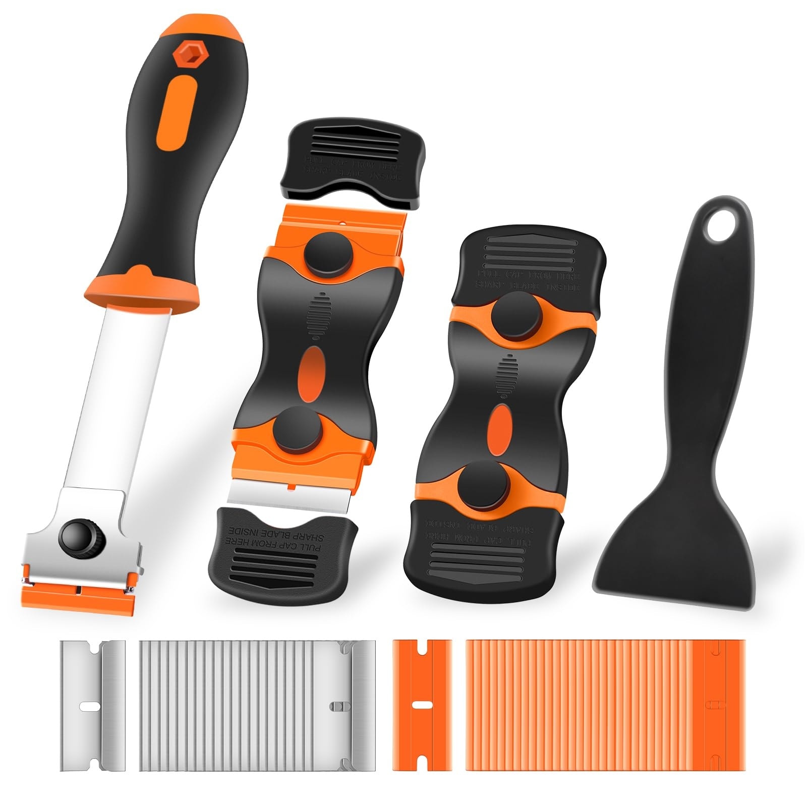 Phyfalip  4 pack razor blade scraper tool with 50 pcs metal and plastic blades ergonomic handle for glass windows cooktop sticker paint removal