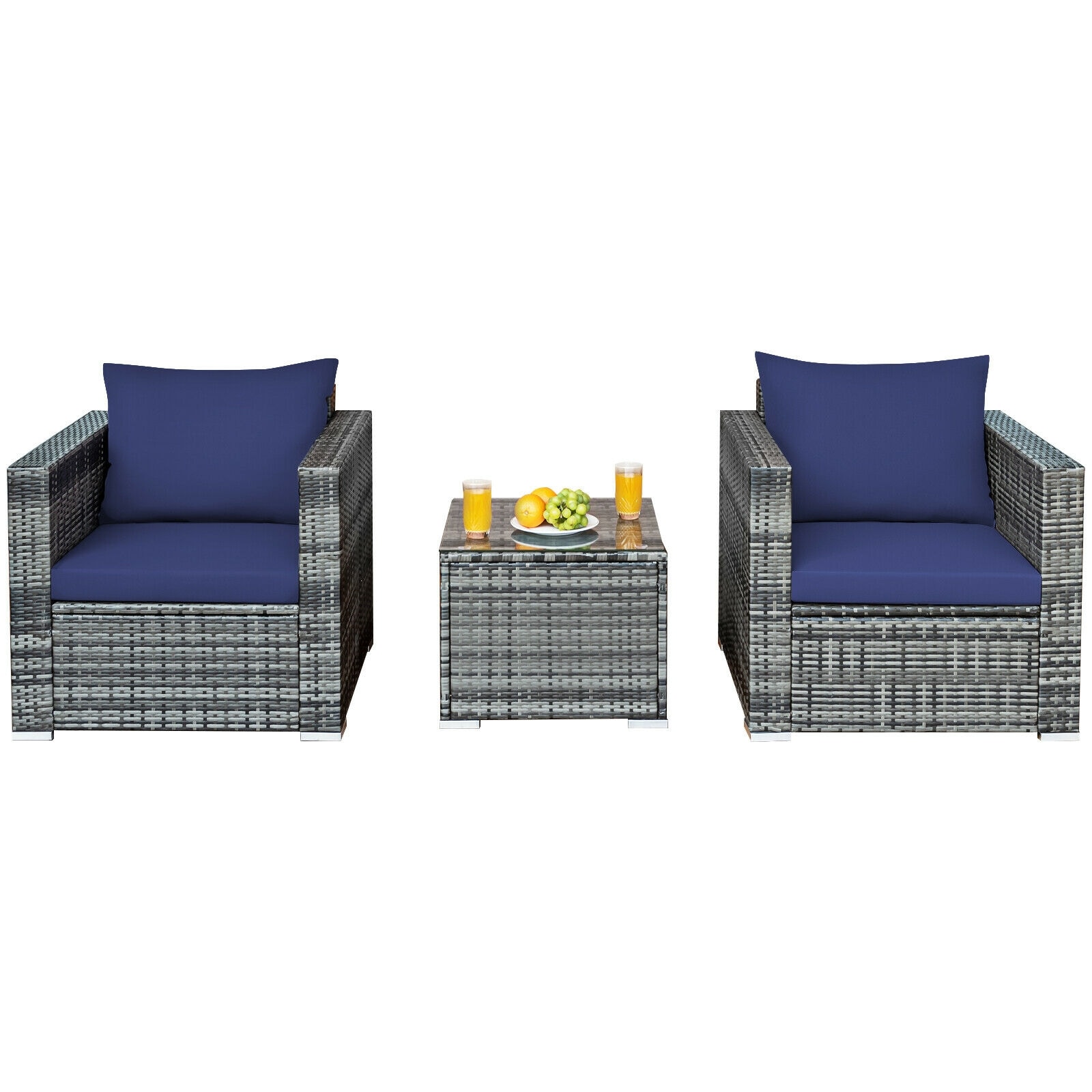 Slickblue D-CO-+YN03566WH 3-Piece- Mix Gray - Rattan Patio Bistro Sofa Set with 2 Single Sofas and 1 Glass Coffee Table for Patio Garden or Balcony- Available in Multiple Colors