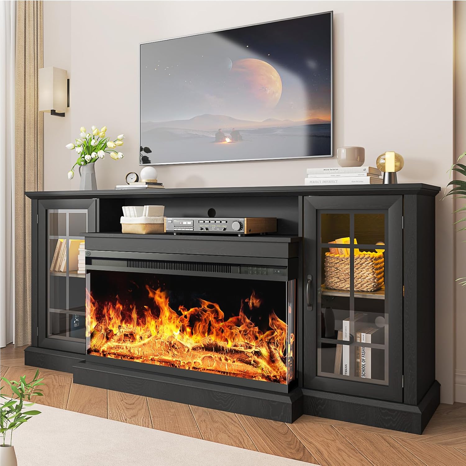 Bapipro TE32A70BB 70-in W Black TV Stand with Infrared quartz Flat wall Electric Fireplace with Remote Control Included