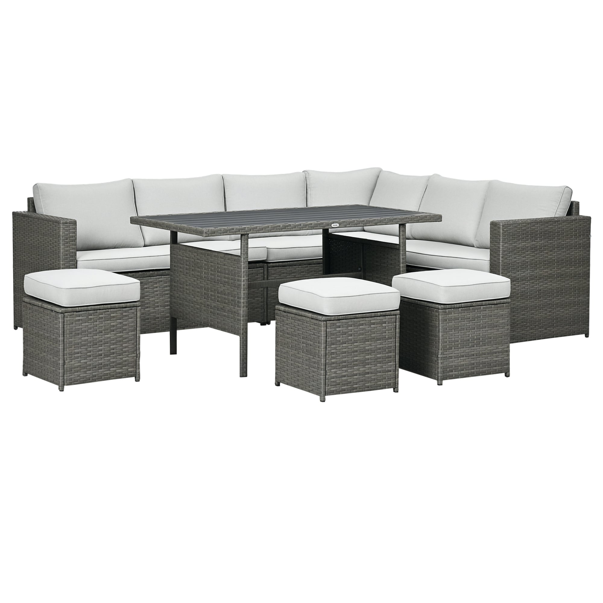 Outsunny 860-300V00GG Wicker Outdoor Patio Furniture Set L-Shaped 7 Piece Outdoor Dining Sectional Sofa with Dining Table and Chair Storage Loveseat Ottomans and Cushions Mixed Gray