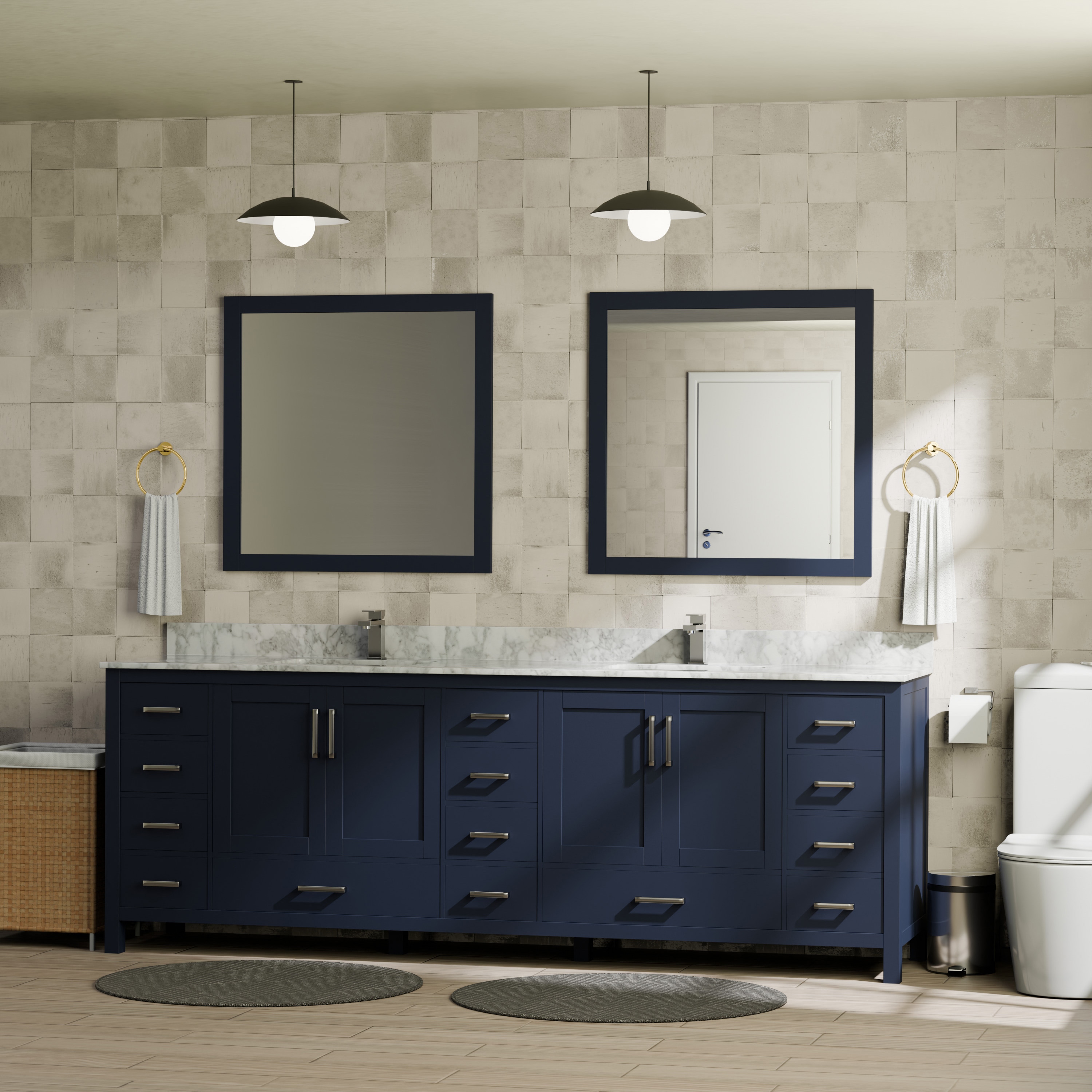 Lexora Jacques 84-in Navy Blue Undermount Double Sink Bathroom Vanity with White Carrara Marble Top (Mirror Included)