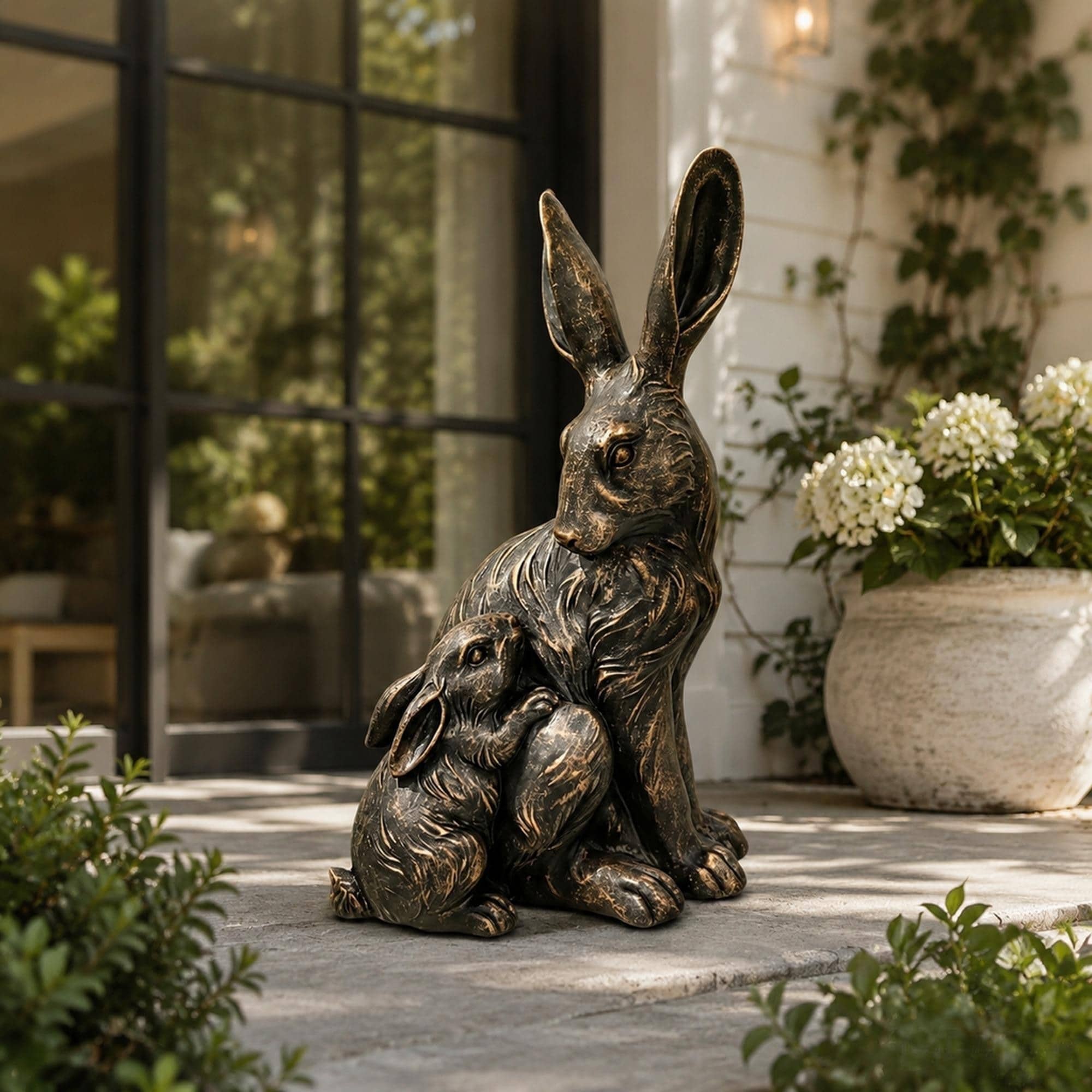TEINIE 21 Inch Tall Mother Hare and Baby Cuddling Garden Statue Resin Wildlife Sculpture for Lawn Patio Entryway