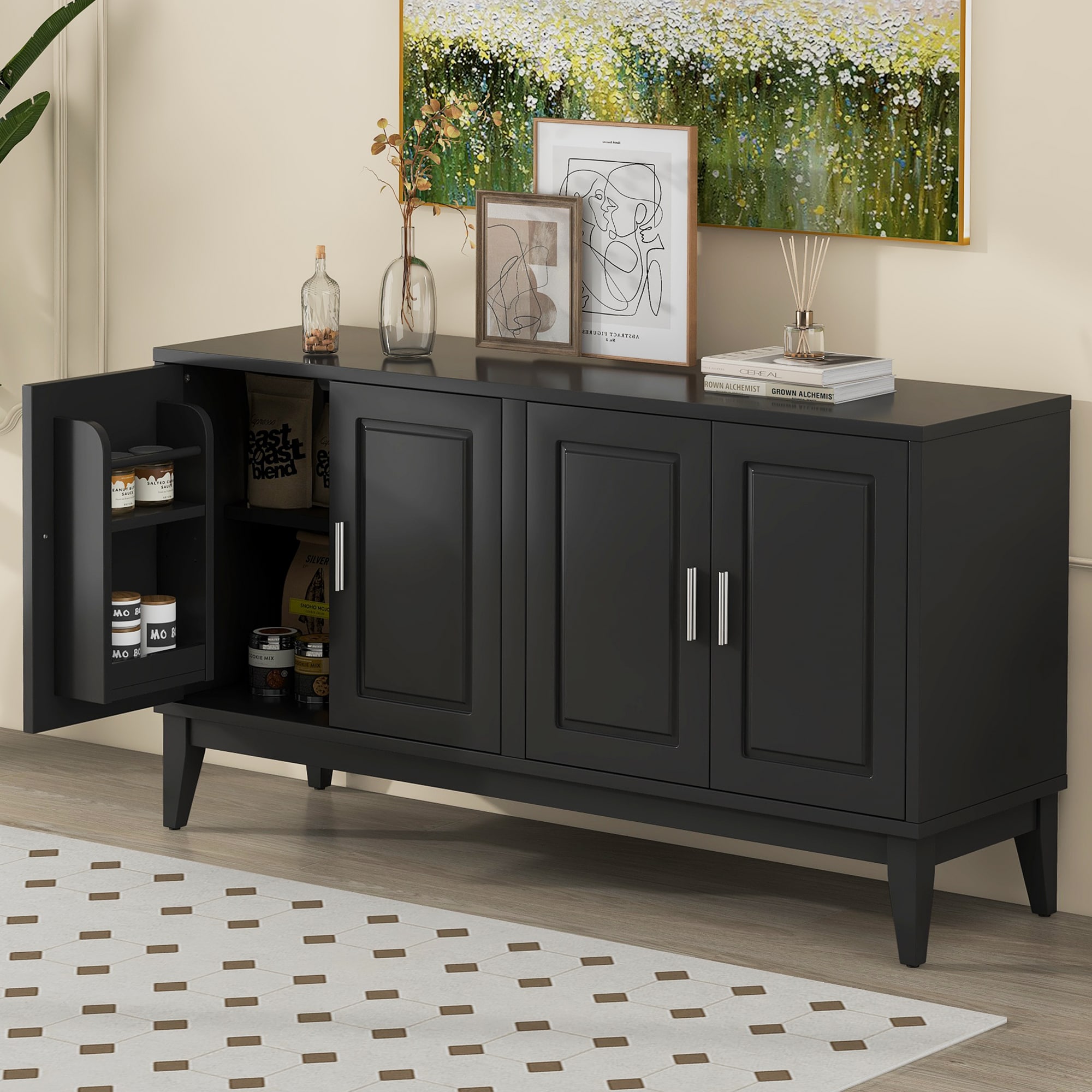 Christopher Knight Home 321463 Ethan 4 Door Sideboard 60in Storage Cabinet  with Gold Handles and Adjustable Shelf