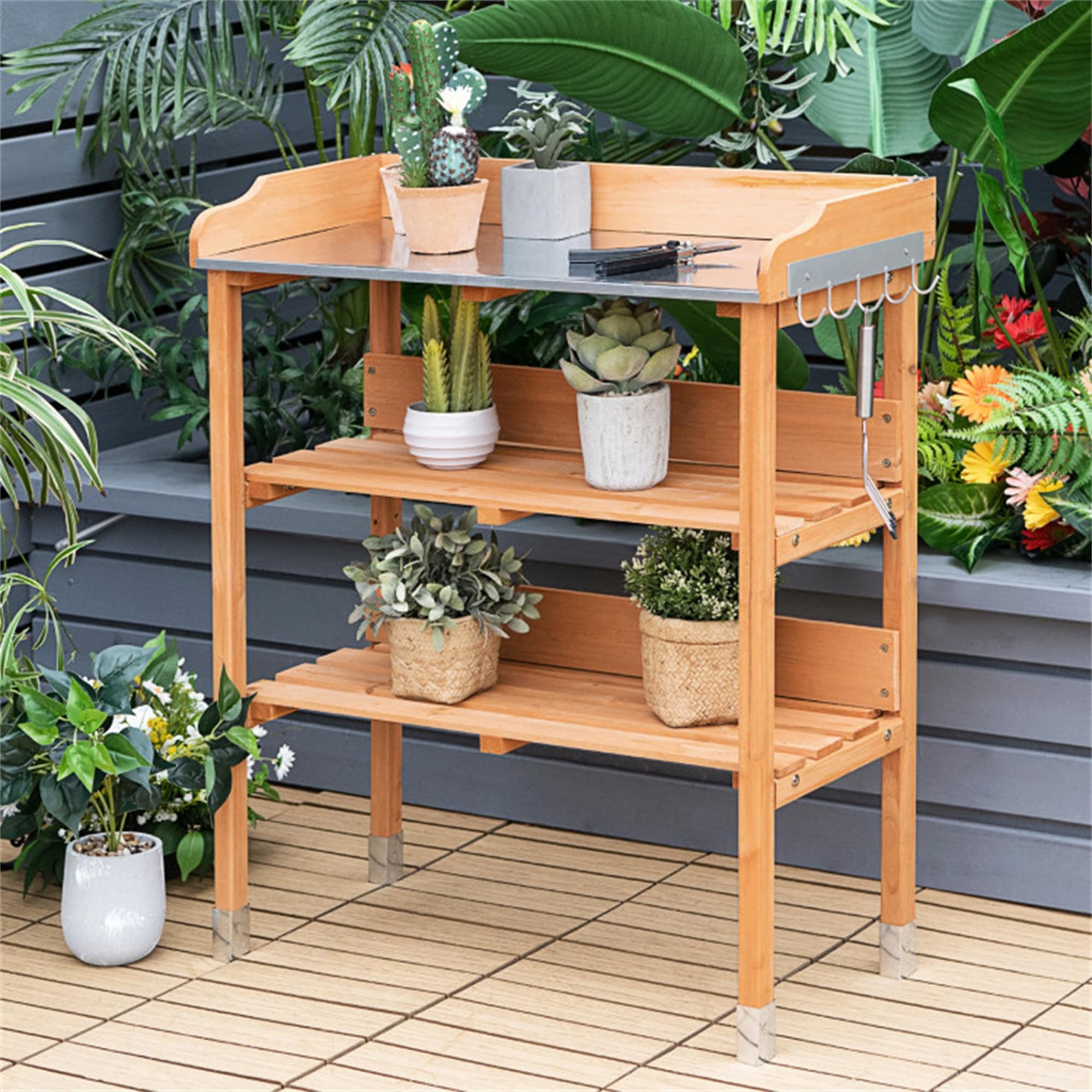 BABOOM BOM-0GT3553-CO Garden Wooden Potting Bench Work Station 30-in x 35-in x 14.5-in Natural Potting Bench