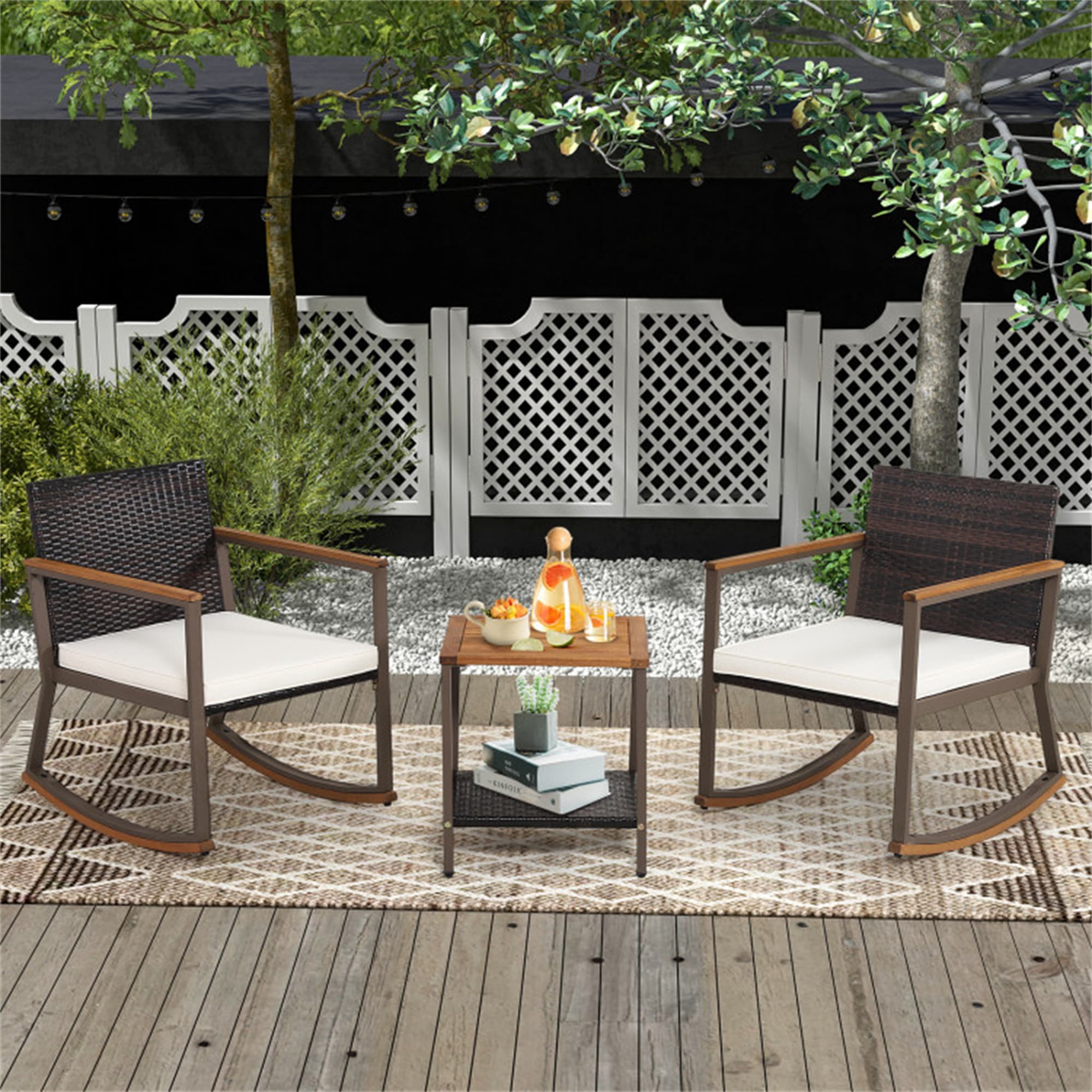 BABOOM BOM-10243BK-CO Rattan Rocking Bistro Set 3 -Piece Rattan Patio Conversation Set with Off-white Polyester and Spray-bonded Nonwoven Fabric Cushions