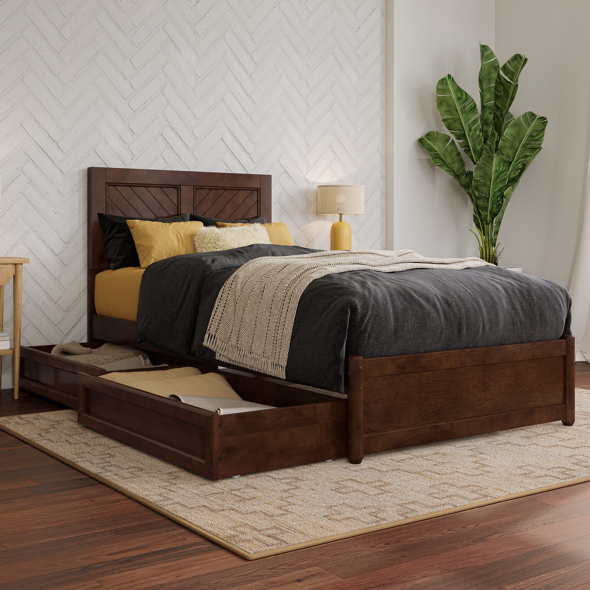 AFI AR9587114 Twin extra long Walnut Wood Platform Bed Storage with Headboard