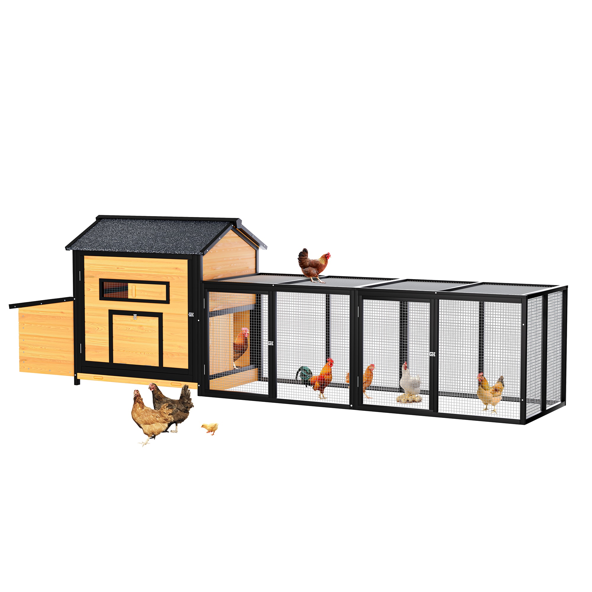 Tatayosi 118 inch Large Wooden Chicken Coop Outdoor Hen House with Nesting Box Leak-Proof Pull-Out Tray Asphalt Roof and Free-Range Doors Secure Poultry Cage for Backyard Farm Use