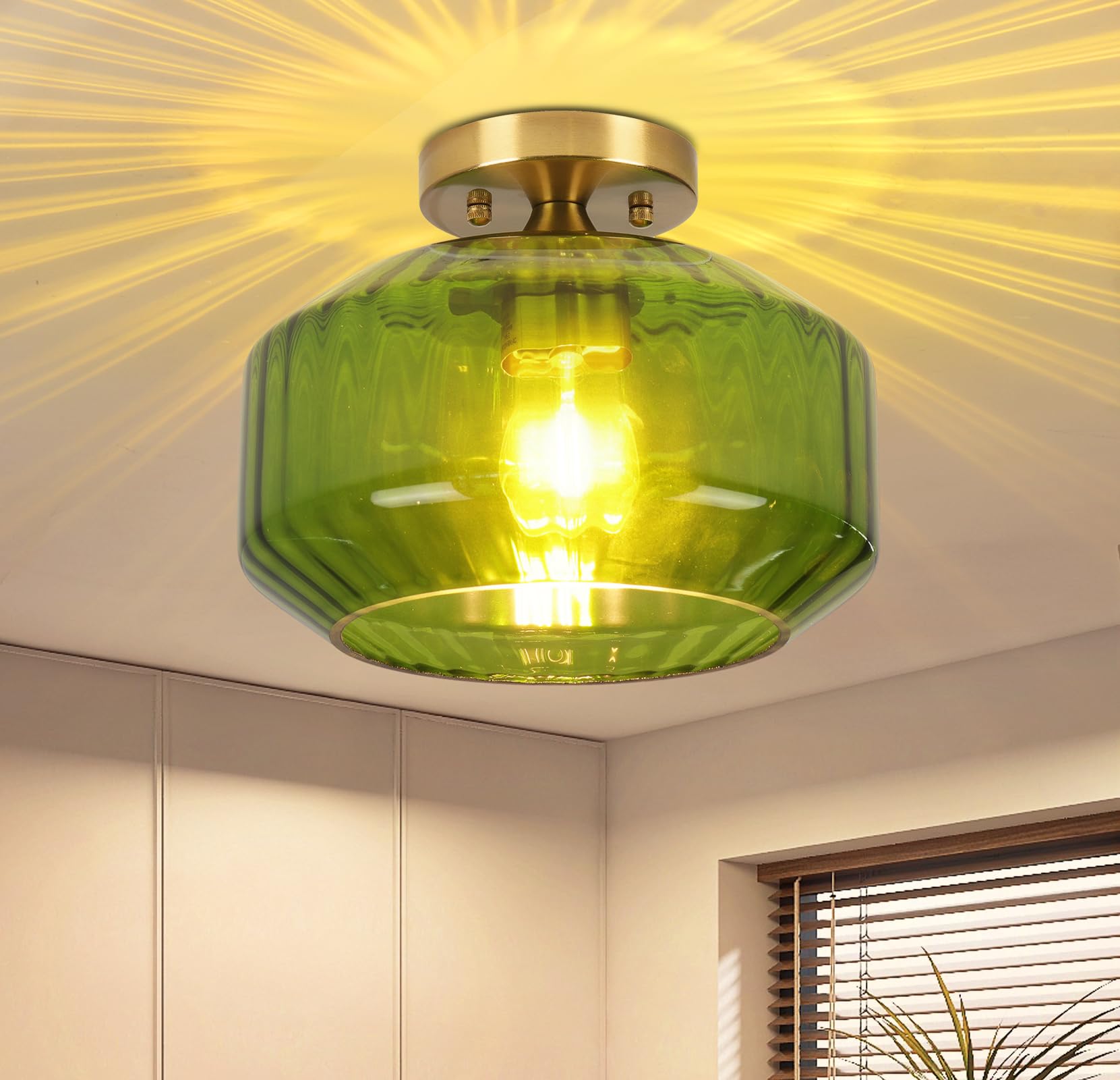 AOIZGMY  Modern Semi Flush Mount Ceiling Light with Green Glass Shade Eleven Point Zero Two Inch Vintage Style for Bedroom Kitchen Living Room