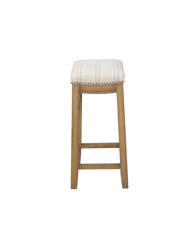 Natural Wood Backless Saddle Counter Stool with Striped Linen Seat