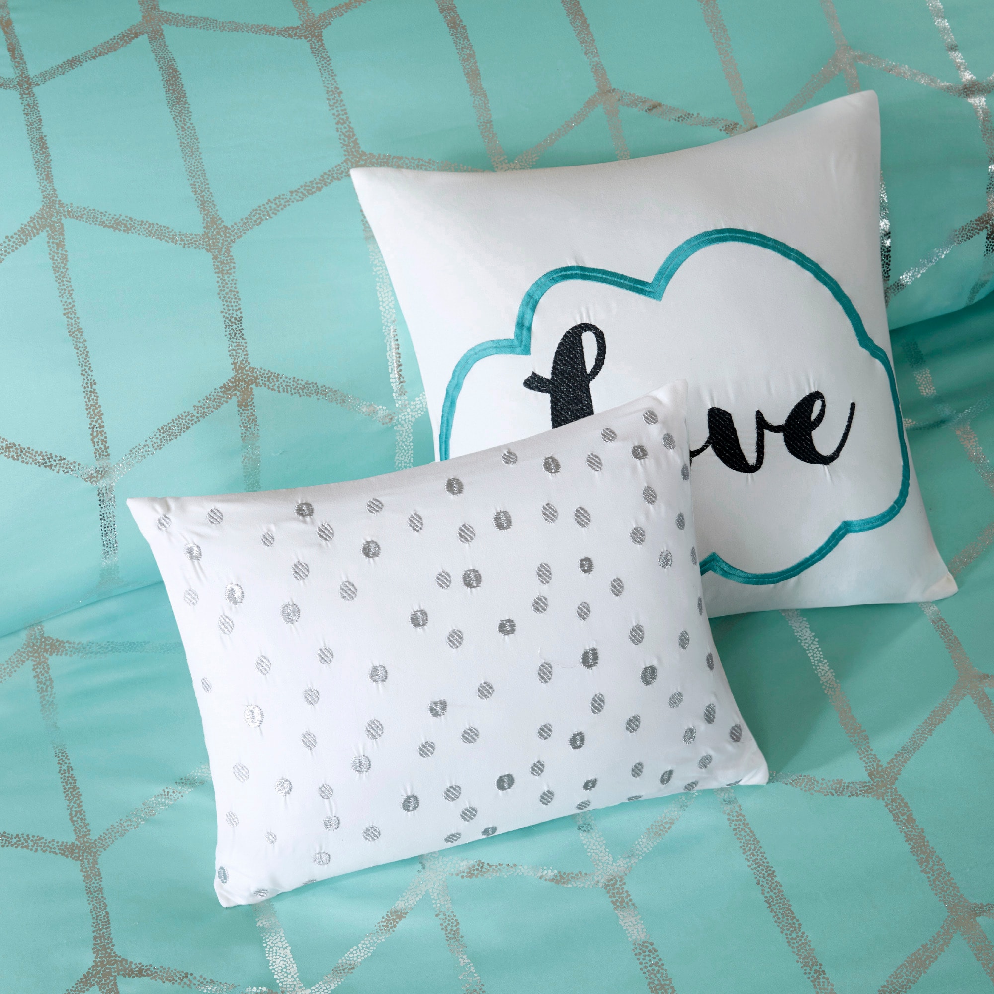 Aqua and Silver King Microfiber Comforter Set with Decorative Pillows