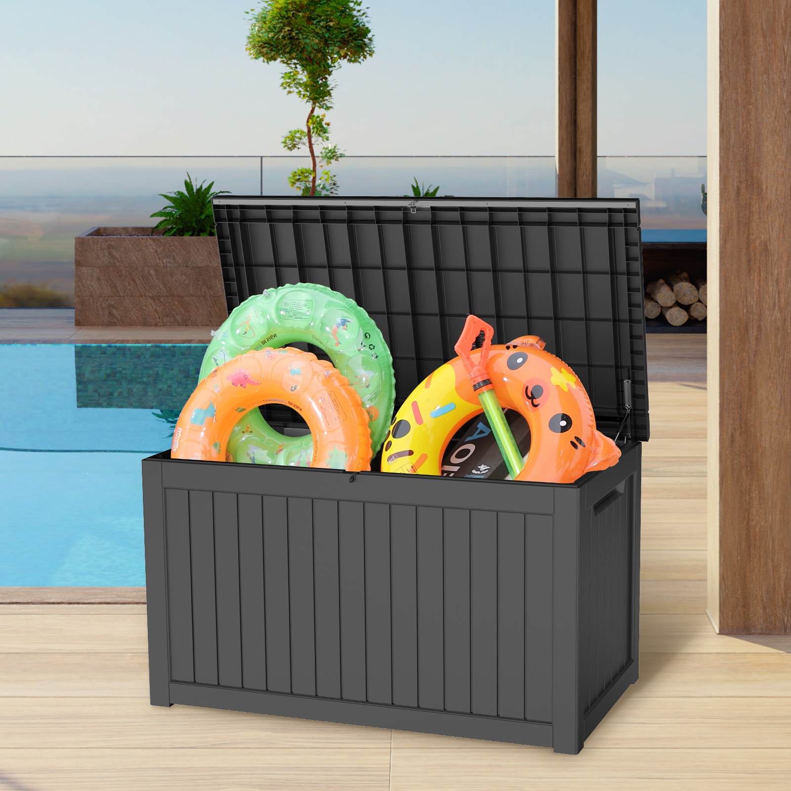 JIMSMAISON BOSKSDB01B 230-Gallon Black Plastic Deck Box
