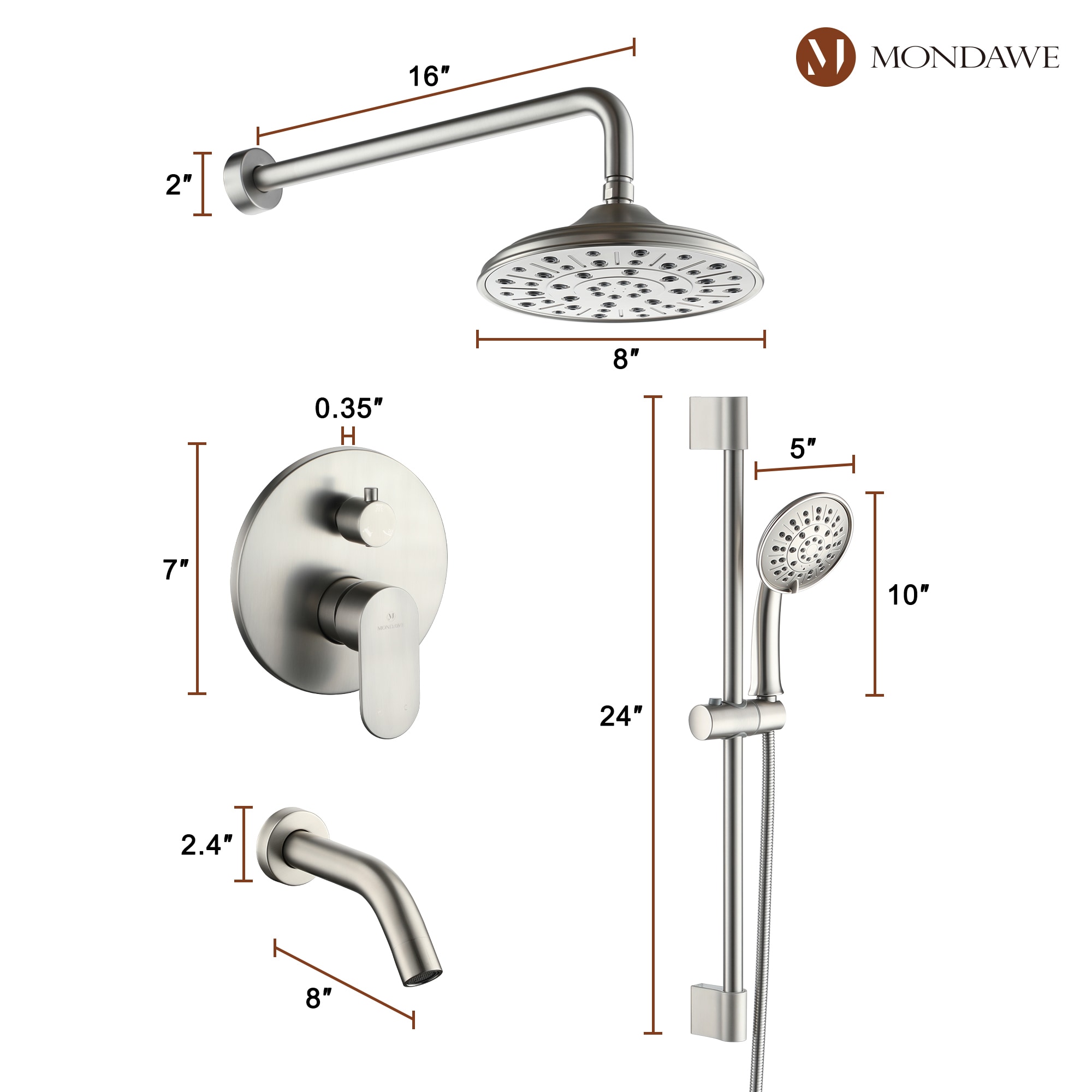 Mondawe Brushed Nickel 8-in Built-In Shower Faucet System with 3-way ...