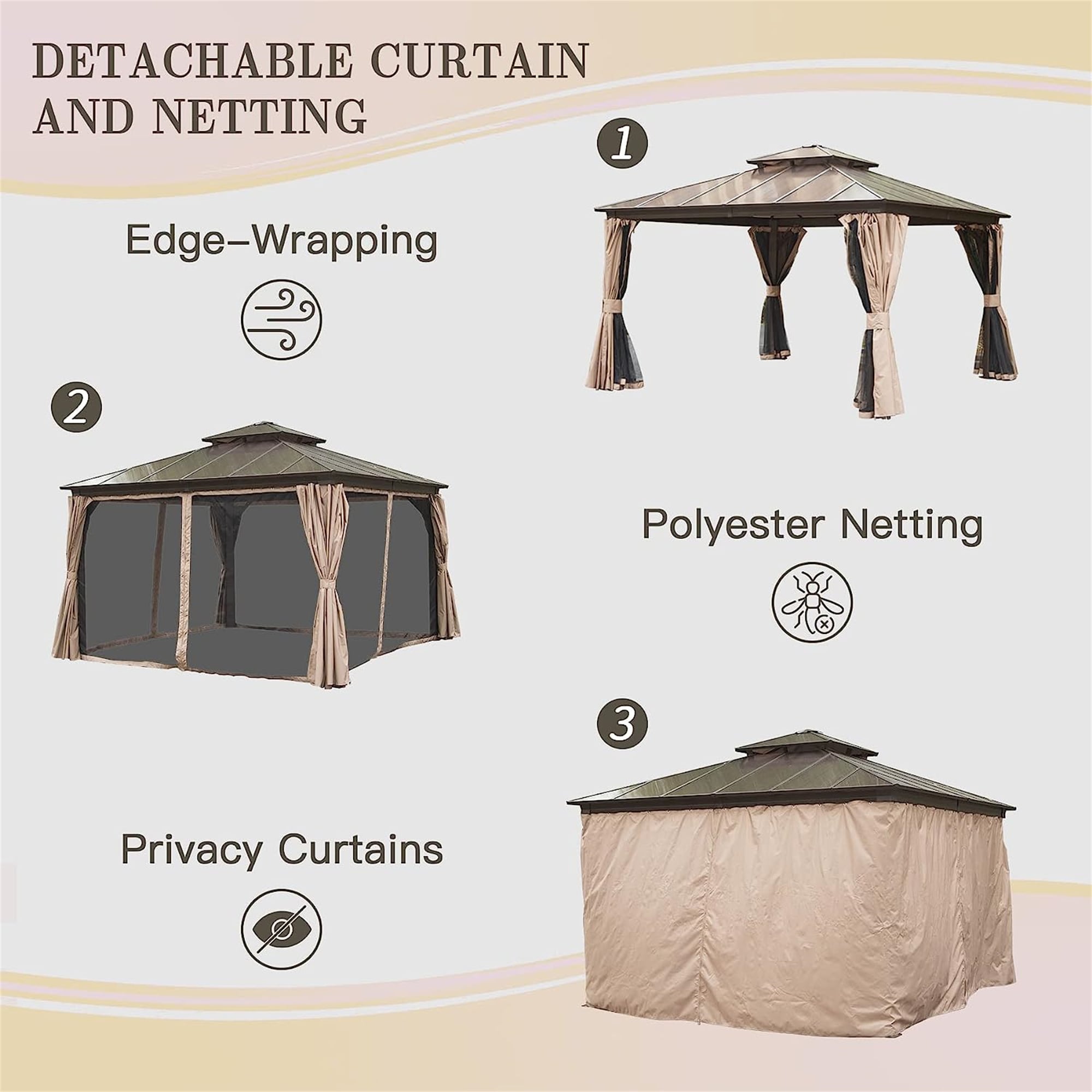12'x12' Brown Aluminum Hardtop Patio Gazebo with Curtains