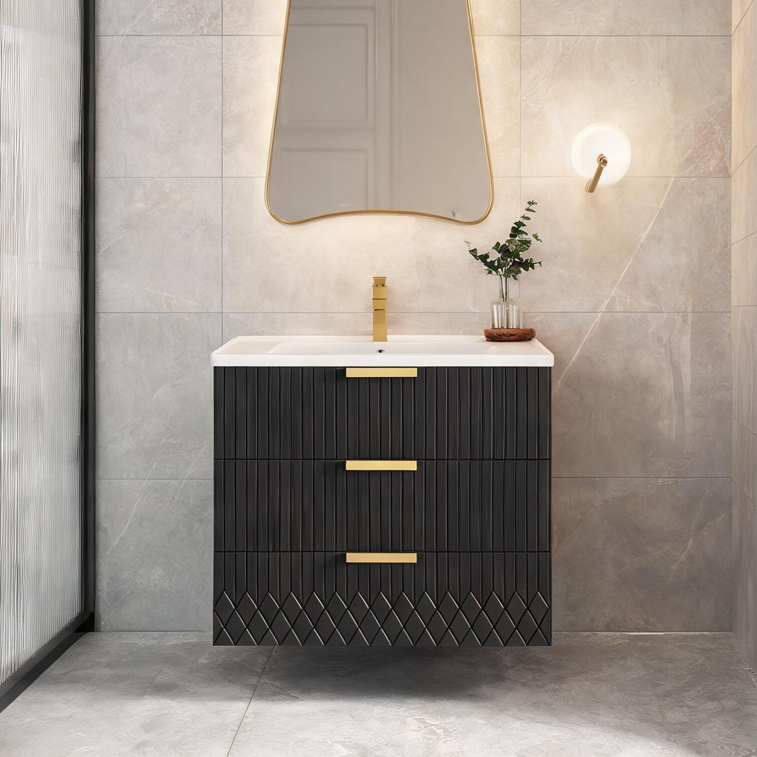 Naturefalls - 24-Inch Wall-Mounted Bathroom Vanity with Double Drawers Matte Black MDF and Cerami...