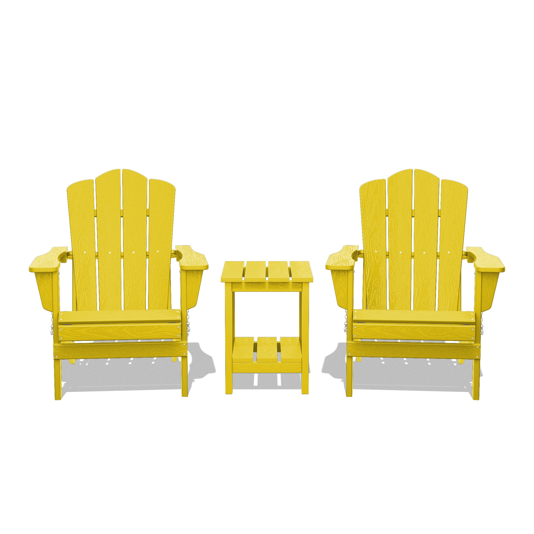 JEAREY YDZDY3JT-YW Patio Folding Adirondack Chair Set of 2 with a Side Table Set of 2 Stackable Yellow HDPE Frame Stationary Adirondack Chair with Slat Seat