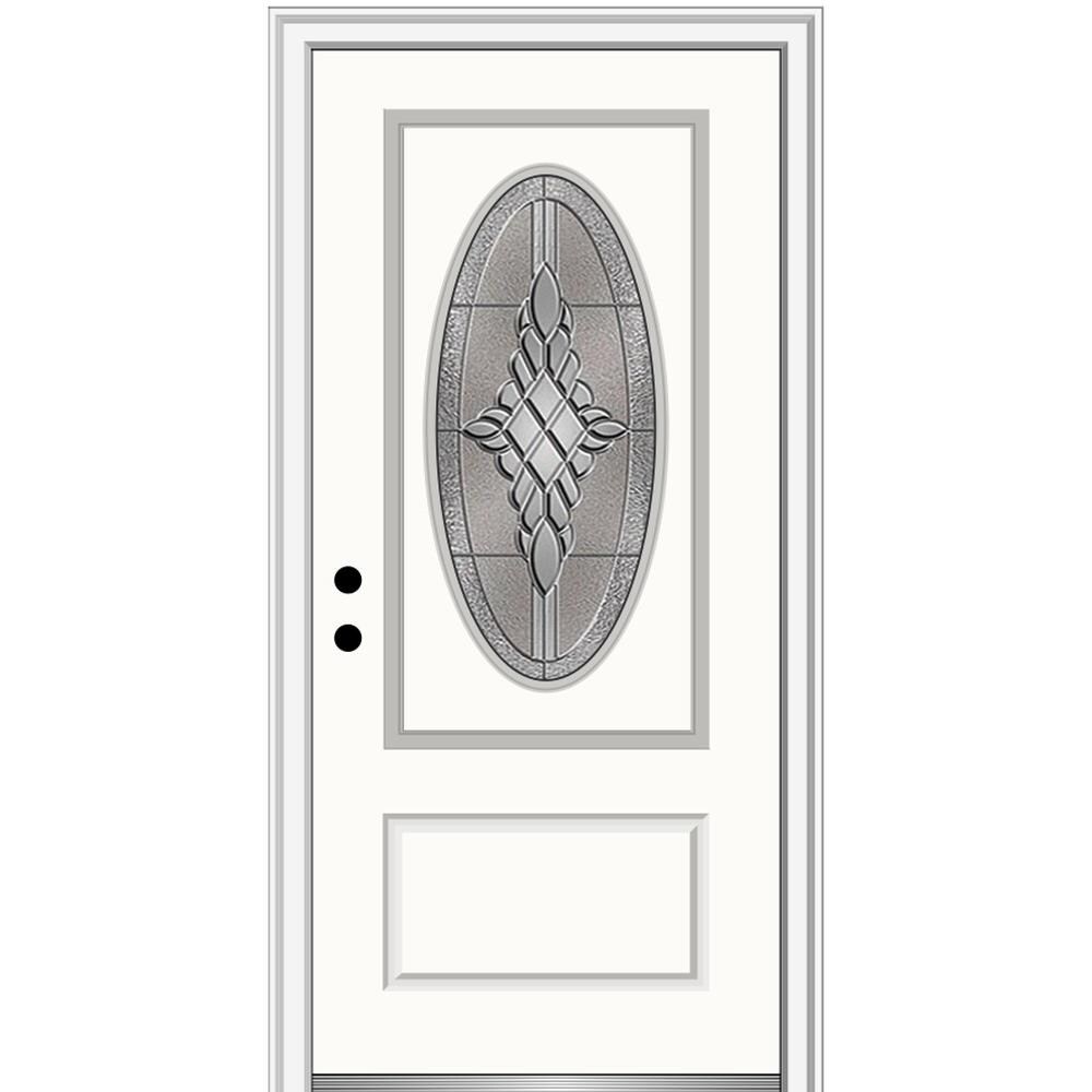 MMI DOOR ZZ3667760R 36-in x 80-in x 6-9/16-in Fiberglass Oval lite Right-hand inswing Alabaster Painted Prehung Front Door with Brickmould Insulating core