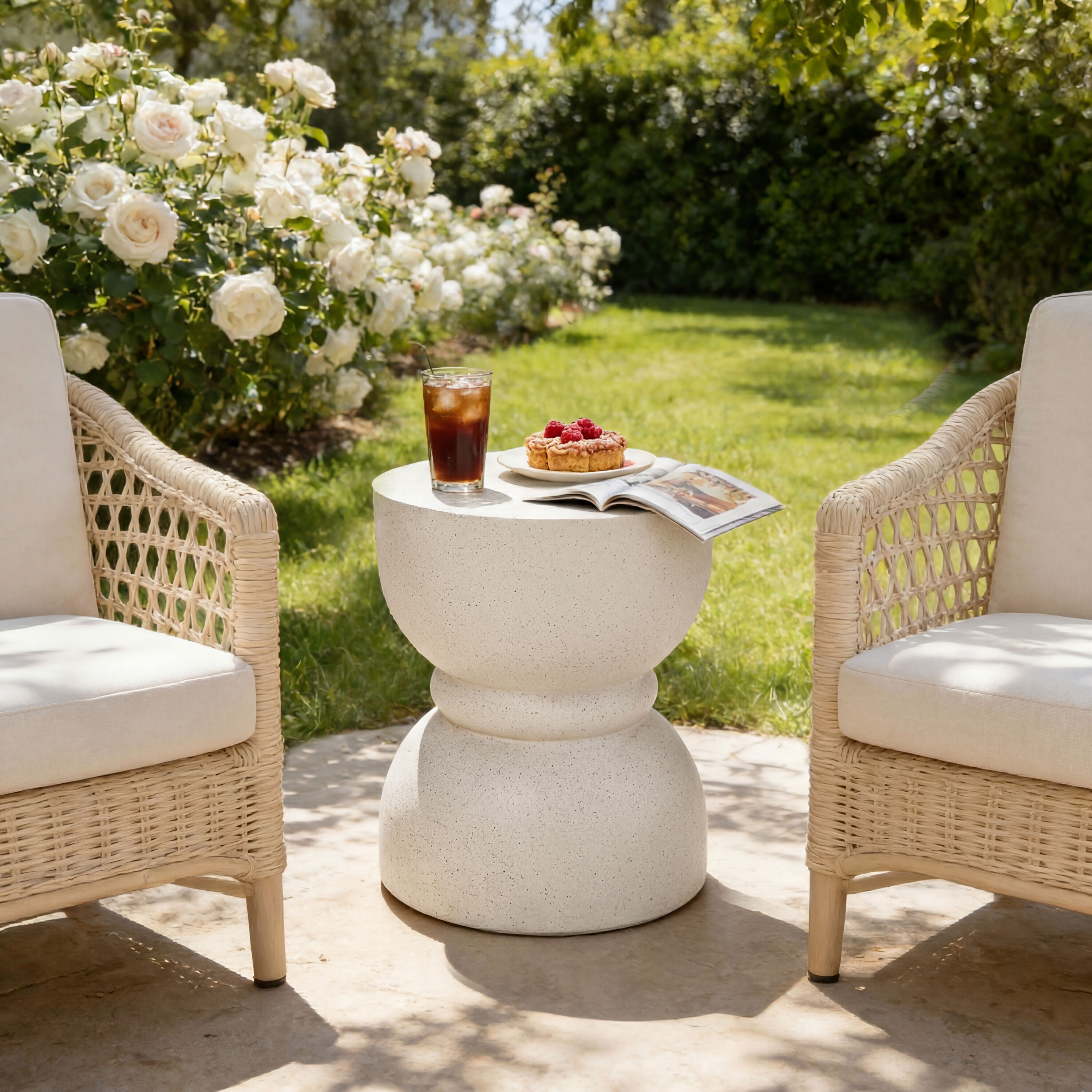 ModernLuxe Assembly Required Outdoor Concrete Side TableRounded Waist Outdoor End Tables Decorative Garden Stools for Indoor Outdoor With Imitation Natural Stone Texture Patio Accent Side Table
