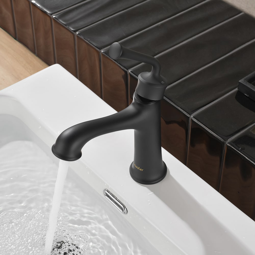 Newater 7002011 Fabra Matte Black Single hole 1-handle Mid-arc Residential Handle Bathroom Sink Faucet with Drain with Deck Plate
