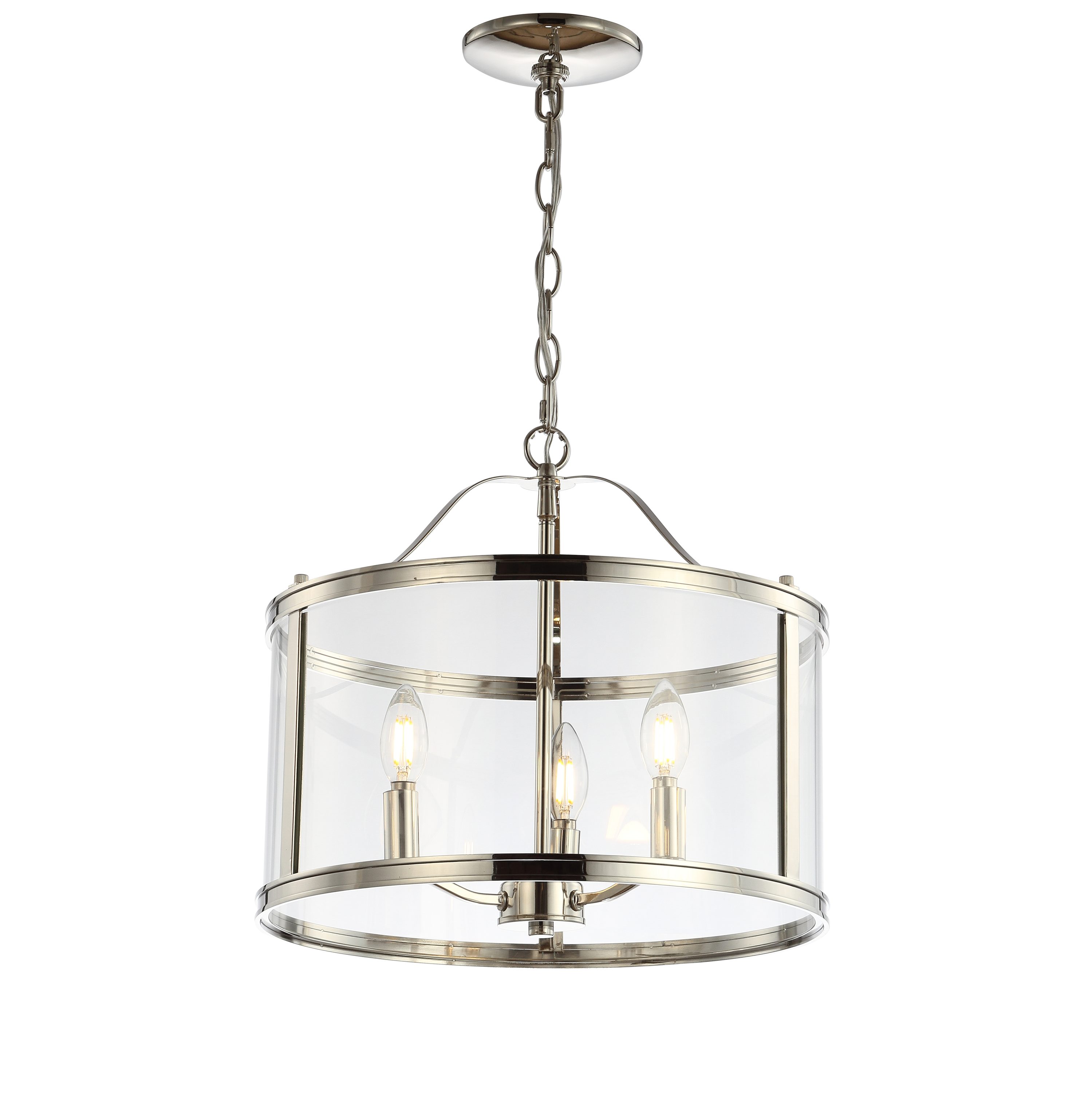 Shiny Nickel and Glass Drum Shade Chandelier