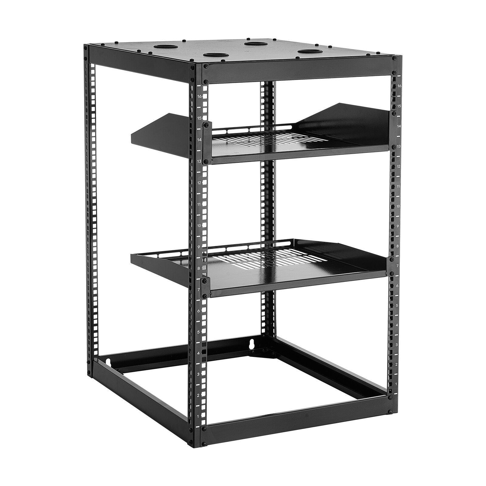 GIVIMO 16U Open Frame Network Rack 23-in Depth 4-Post Wall Mount or Floor Standing Server Rack with Vented Shelves Mounting Hardware for IT AV Gear