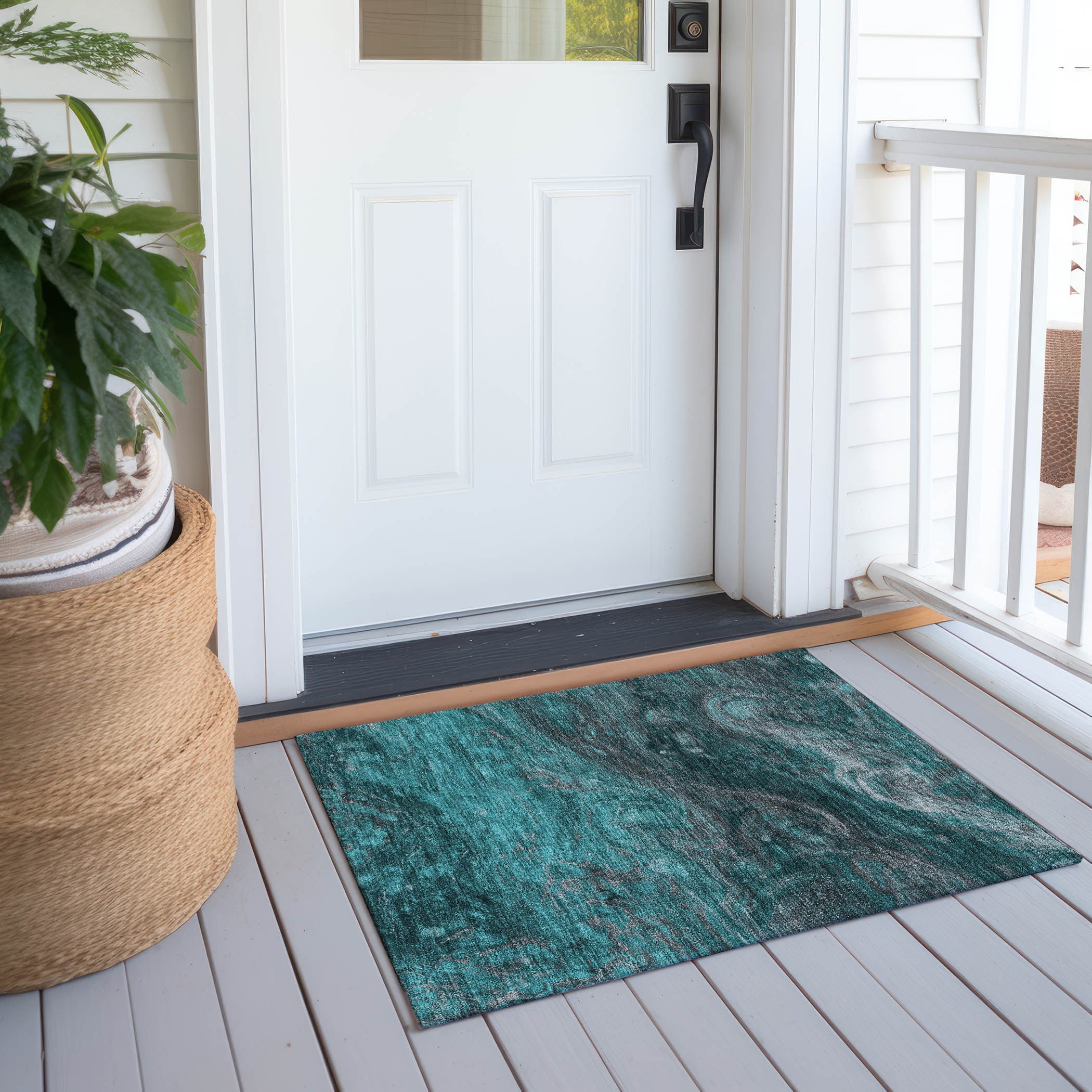 Teal Abstract Flat Woven Synthetic Washable Rug 1'8" x 2'6"