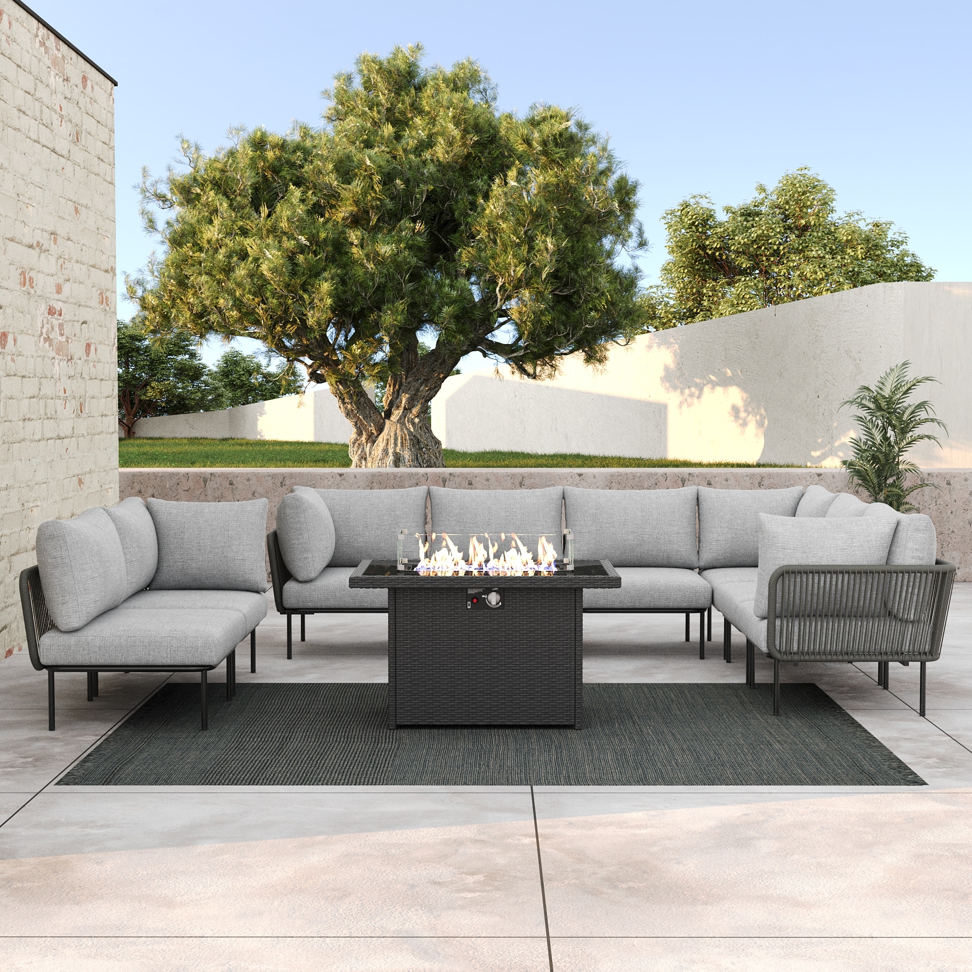 LayinSun SZ7001-FP9P2-01 9 -Piece Outdoor Wicker Rope Modular Sectional Sofa Set with Fire Pit Table
