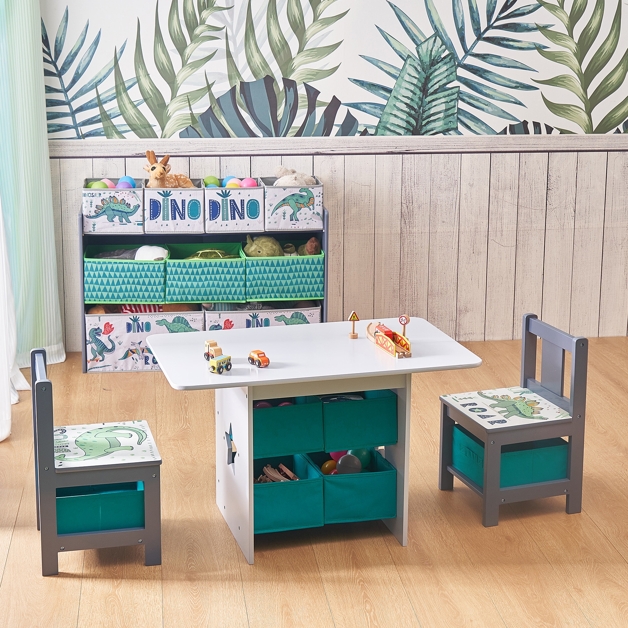 LuxenHome WHCF1871 White, Gray, Green, Teal Rectangular Kid's Play Table ( Set of 2 Chairs)