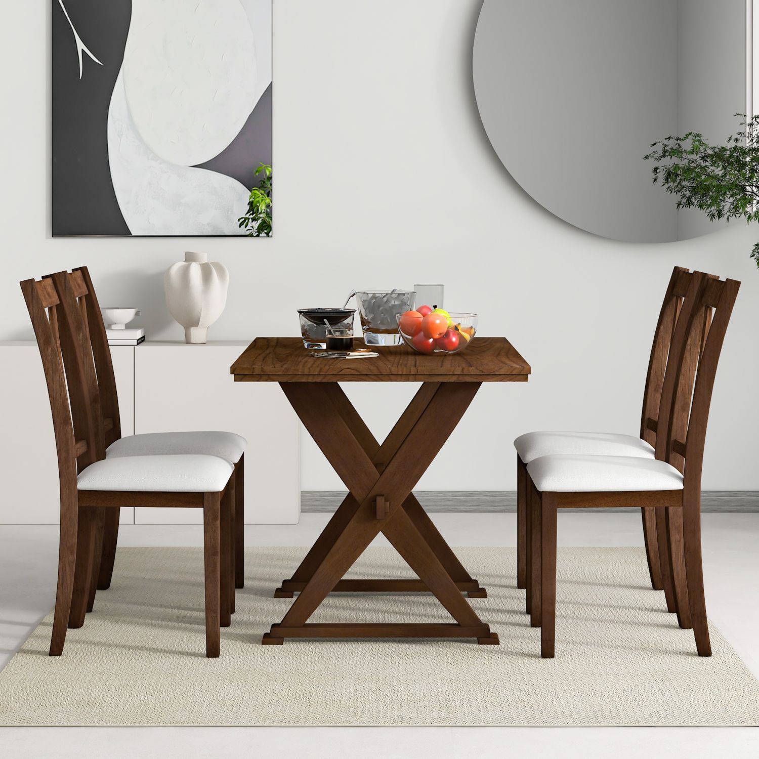 JASMODER SH000252AAD Mid-Century Wood 5-Piece Dining Table Set With 4 Upholstered Dining Chairs For Small Places, Antique Brown