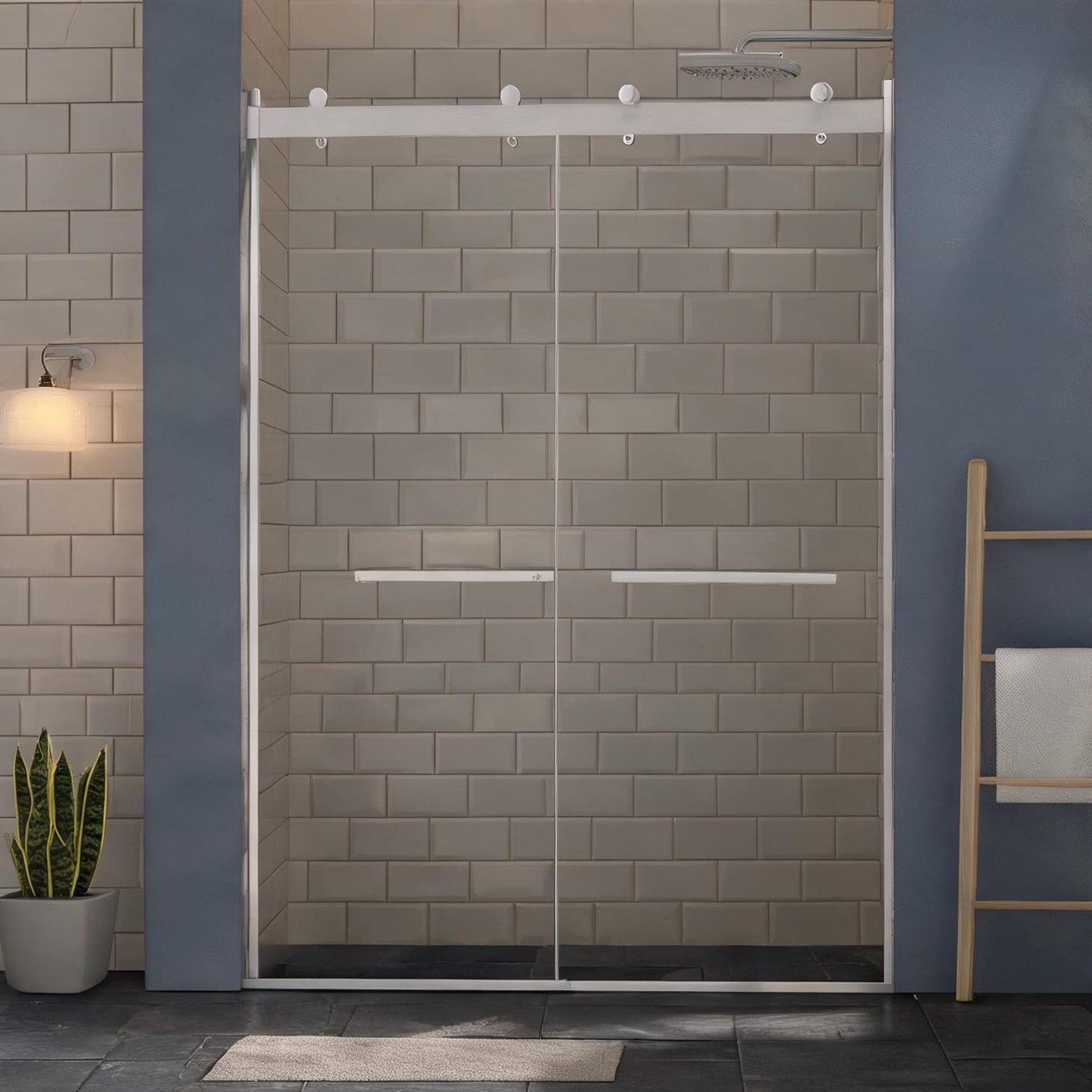 Watnature Sliding Frameless Shower Door 56-60 x 75 Inches Clear Tempered Glass Brushed Nickel