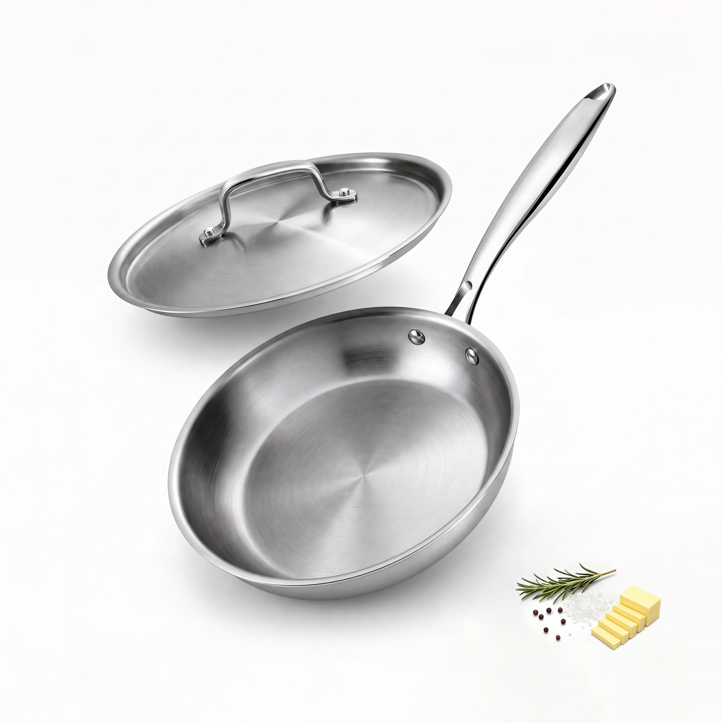 Fortune Candy 8-Inch 3-ply Skillet 18/8 Stainless Steel Silver Fry Pan with Lid