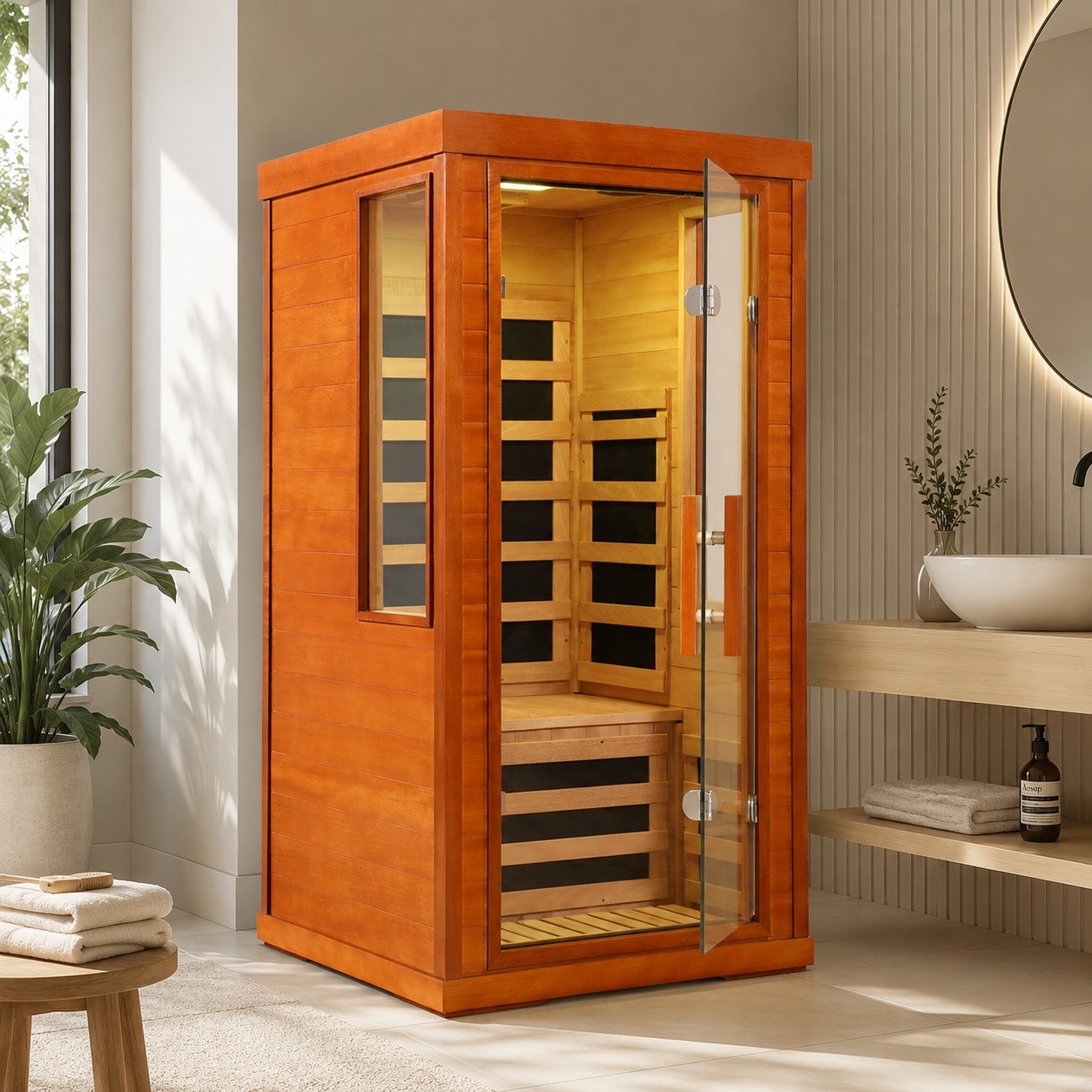 HBUDS Far Infrared Sauna for 1 Person with 7 Color Light Therapy Low EMF Carbon Fiber Panels 1170W Bluetooth Speaker Home Spa #HB-PGP3027