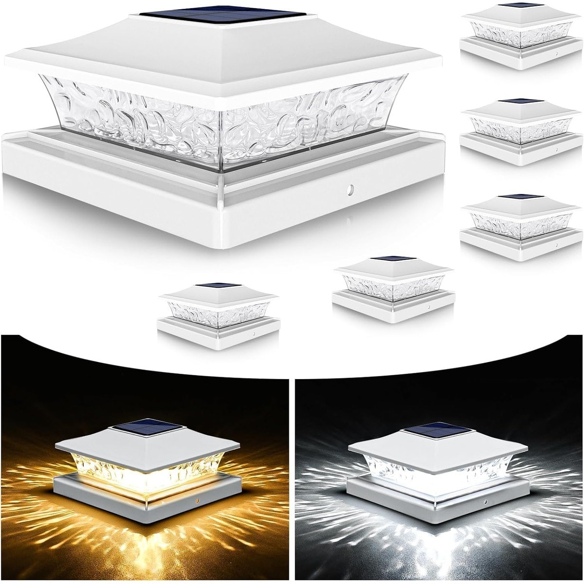 Slagawa  White Solar Post Cap Lights for 4x4 and 6x6 Wooden or Vinyl Fence Posts Warm White with 2 Lighting Modes ABS Shell Waterproof 6 Pack