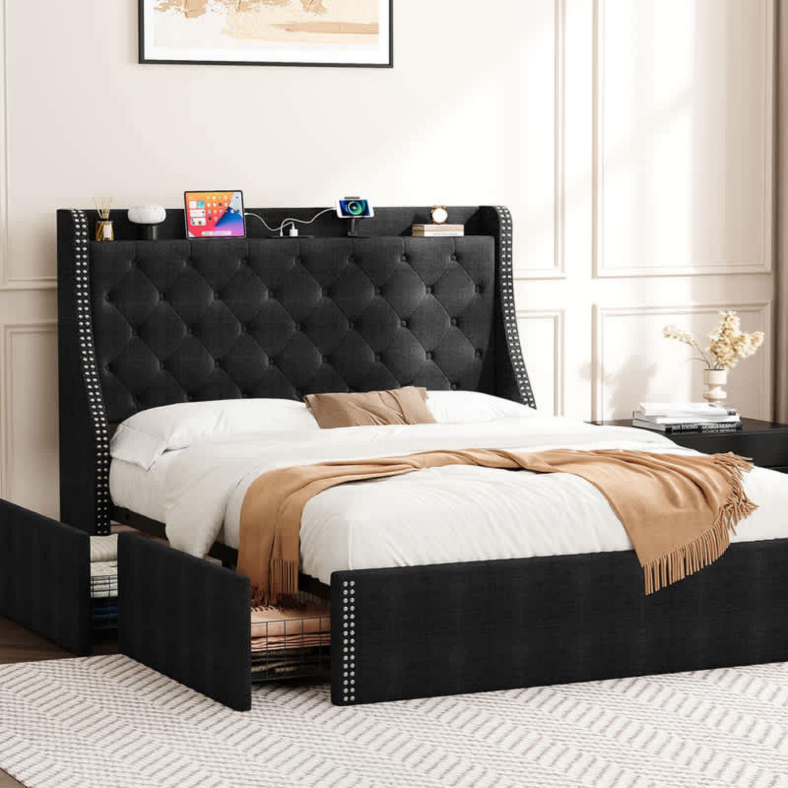 Qeetex VGX-PHO-11HQZ8BB Full Black Upholstered Bed Frame with 4 Storage Drawers Wingback Headboard with Charging Station Diamond Stitched Button Tufted Design No Box Spring Needed