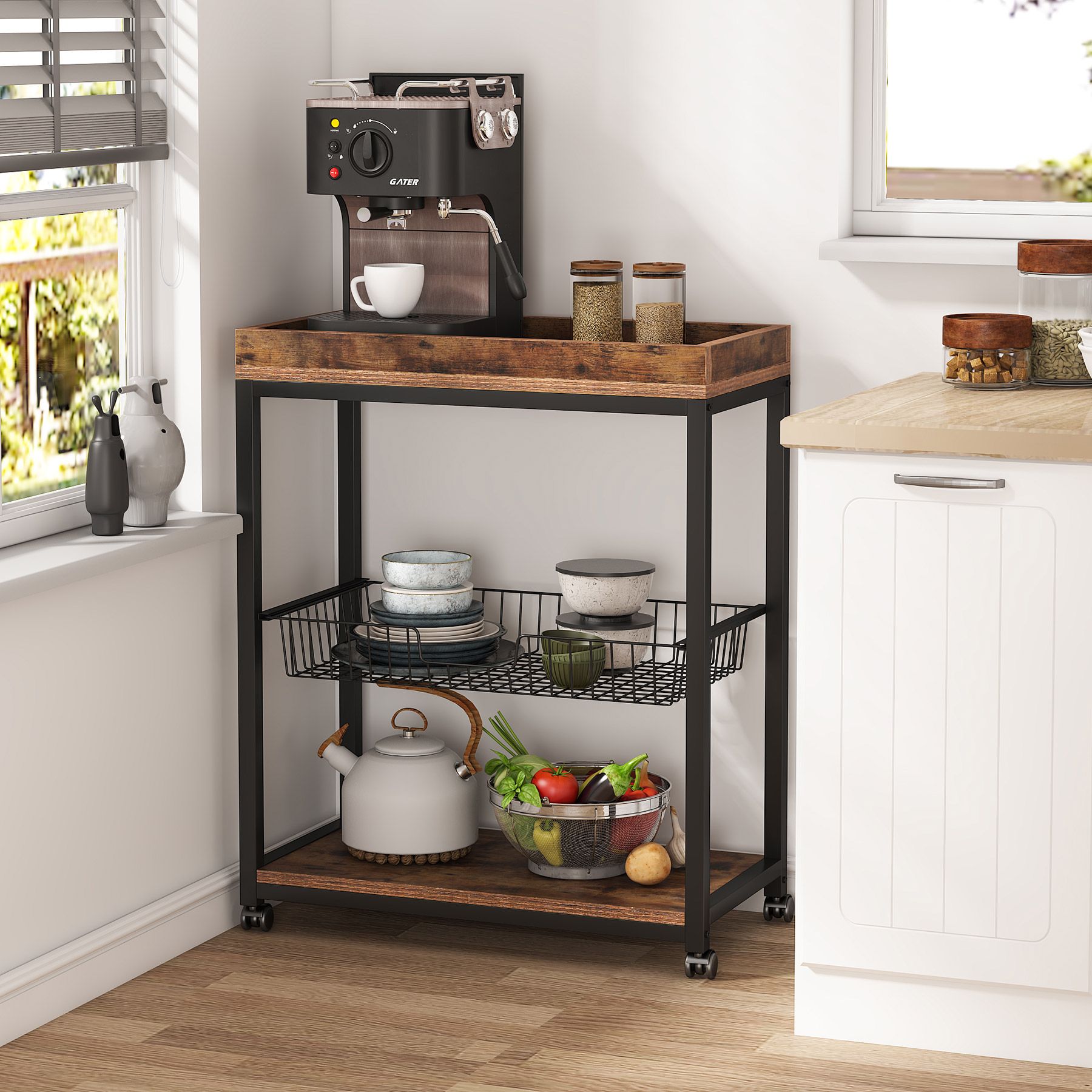 Cherry and Black Basics  Multifunction Island/Kitchen Cart with Open Shelves 