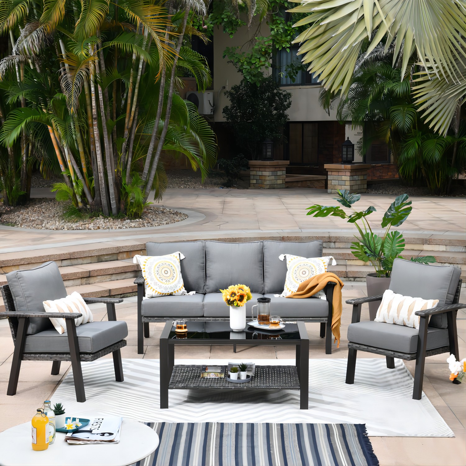 Pouuin SHW20T04 4 -Piece Rattan Patio Sofa Conversation Set with Gray Cushions