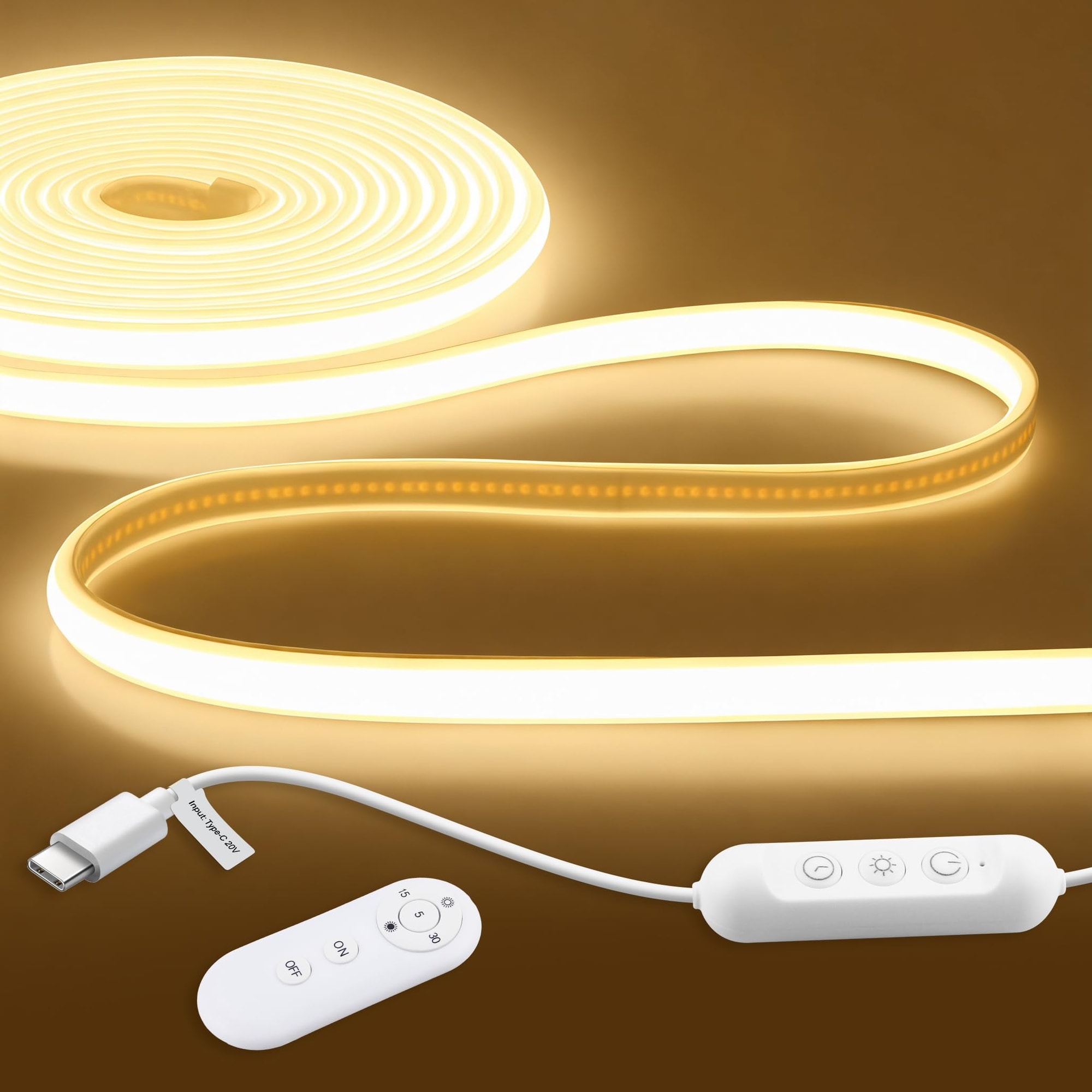 Yichuhaoxi  COB LED Strip Lights 20V USB C 3000K Warm White 16.4ft Outdoor Waterproof IP67 Dimmable Neon Rope Light with Remote for RV Car