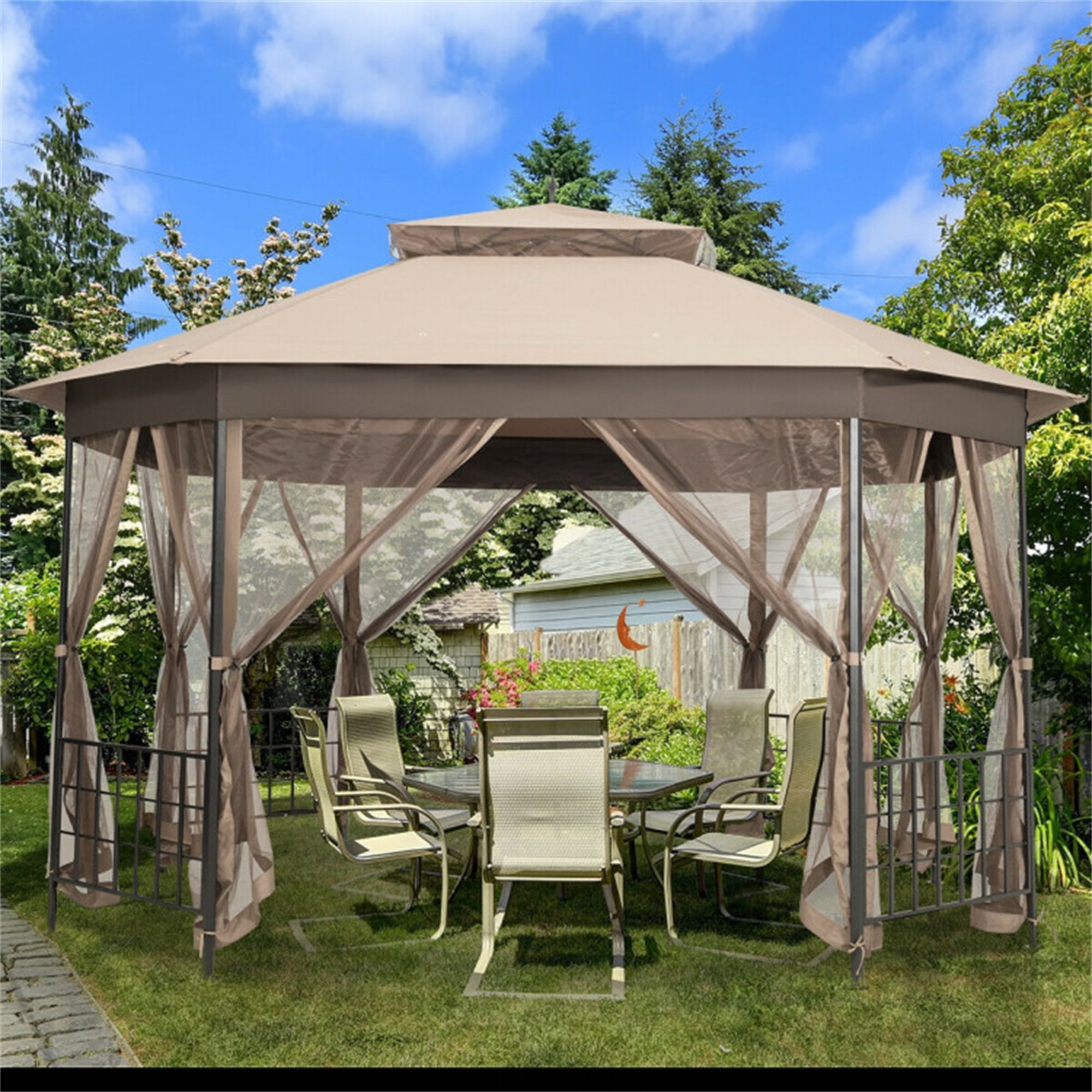 BABOOM BOM-523AORUST 12-ft x 10-ft Octagonal Patio Gazebo Brown with Soft Top Roof (Screen Included)