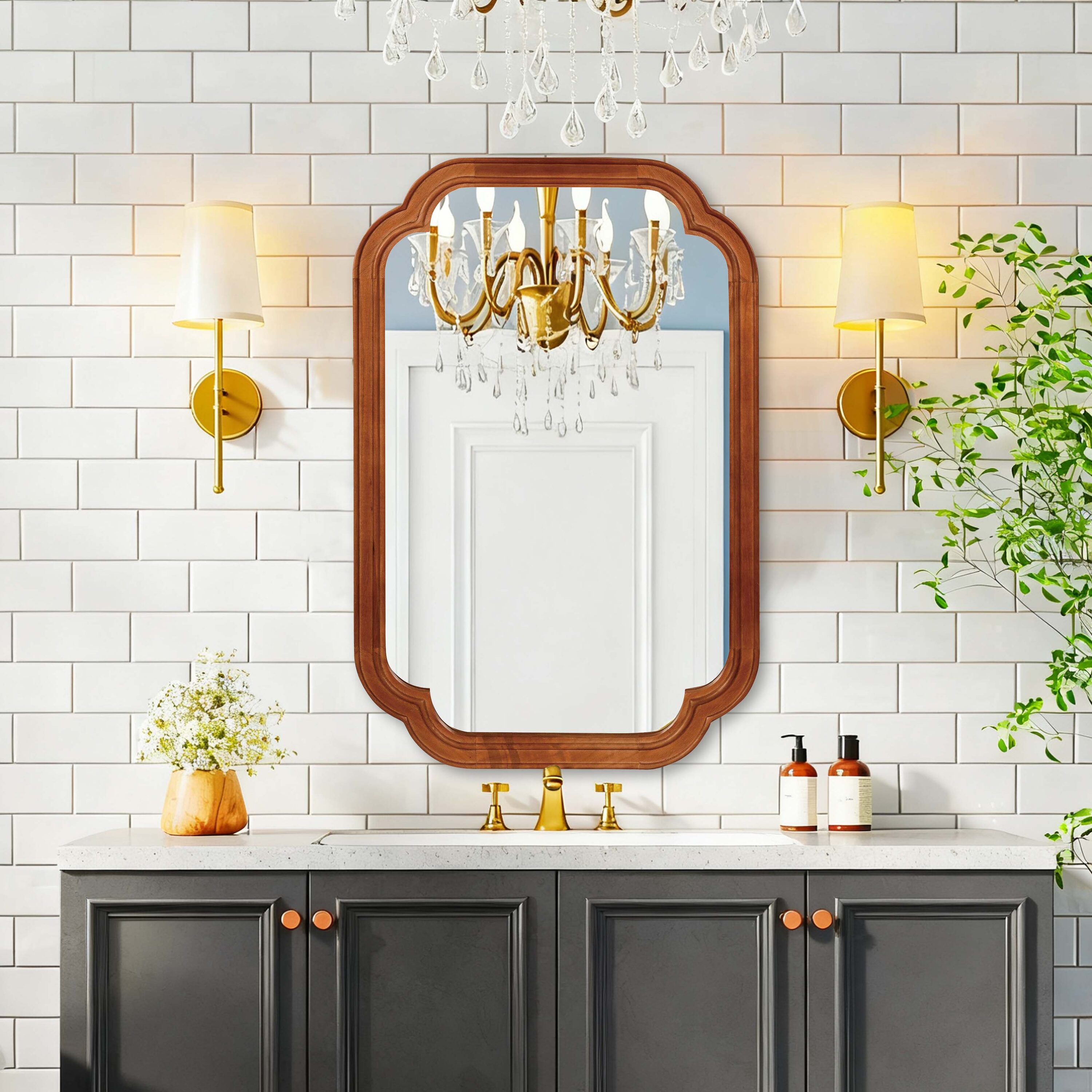 Huluwat Yellowish Brown Color 24 Inches x 36 Inches Solid Wood Frame Rounded Corner Decorative Mirror