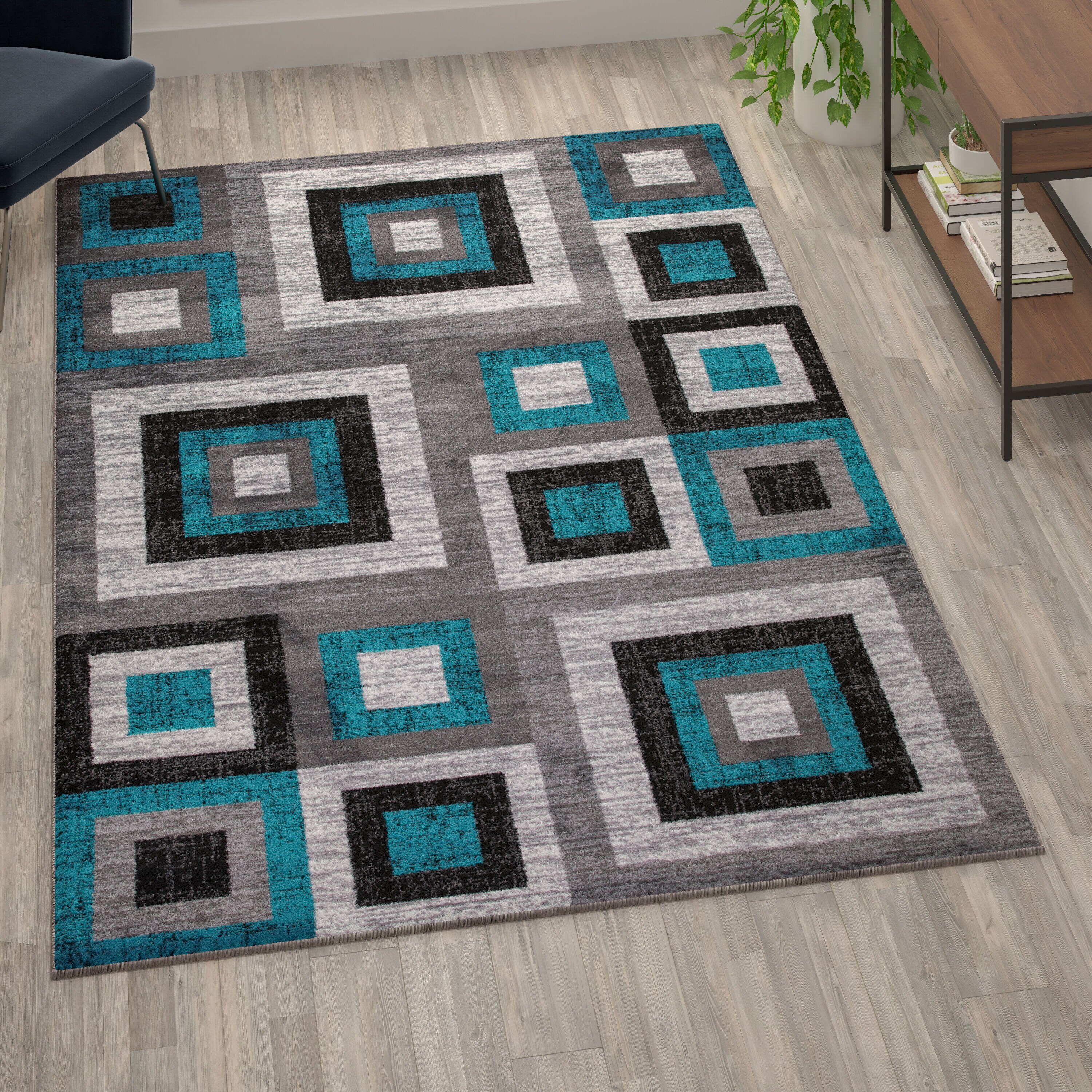 Flash Furniture 840196386720 Gideon 6 x 9 (ft) Polypropylene Turquoise Rectangular Indoor Geometric Area rug