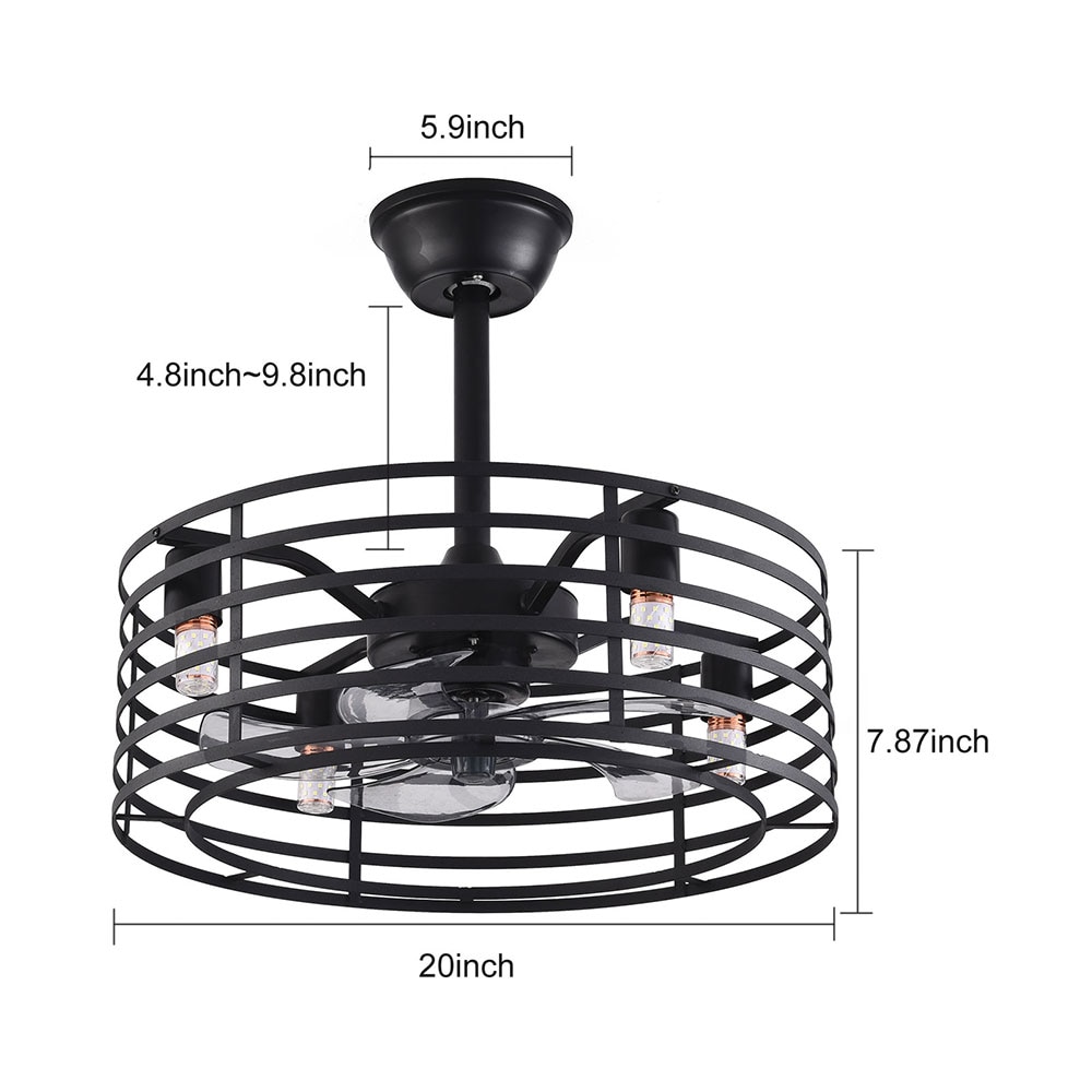 20'' Black Industrial Caged Ceiling Fan with Lights and Remote