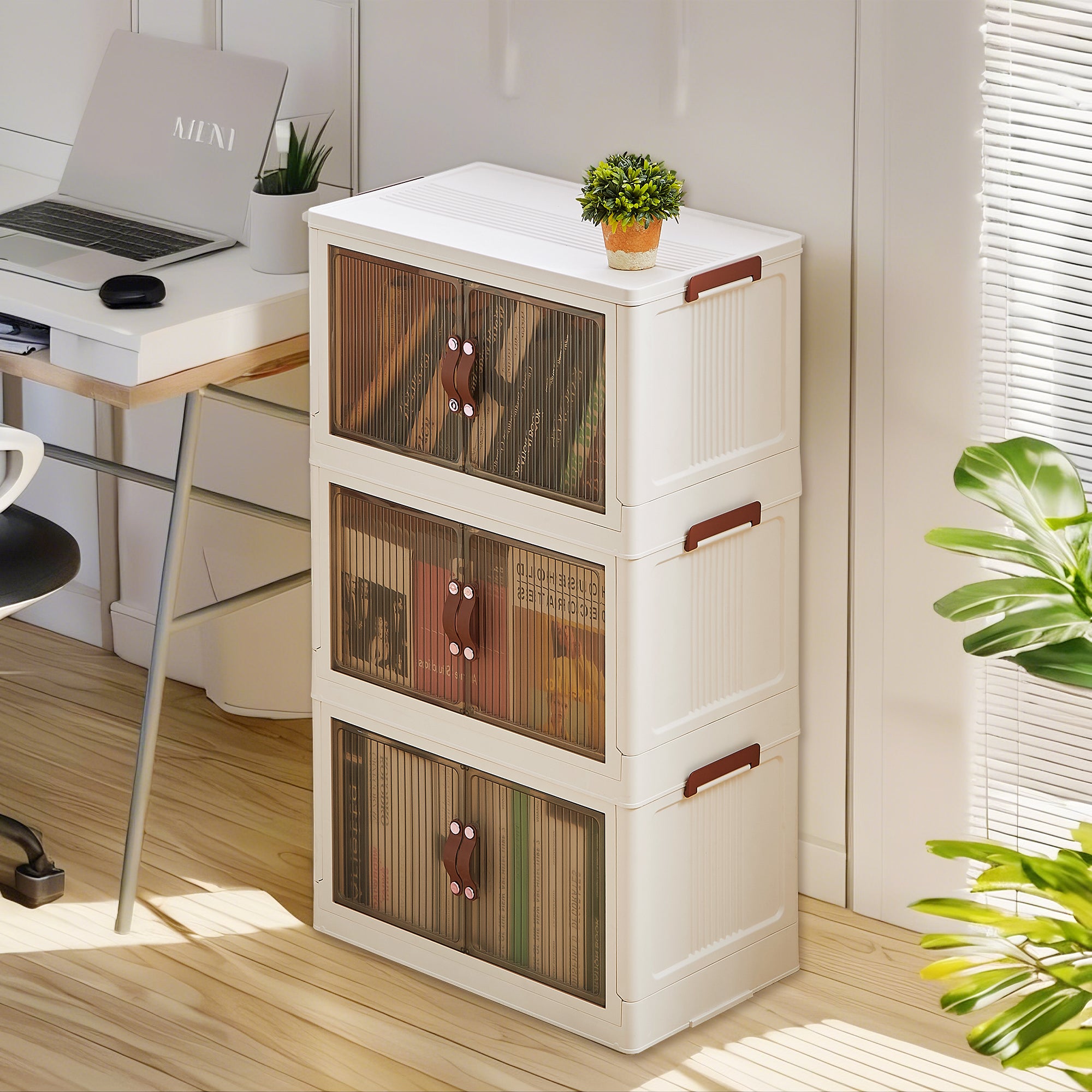 Vecelo LOE-LSB05-60T3-WHT Stackable Foldable Storage Bins With Lids And Wheels