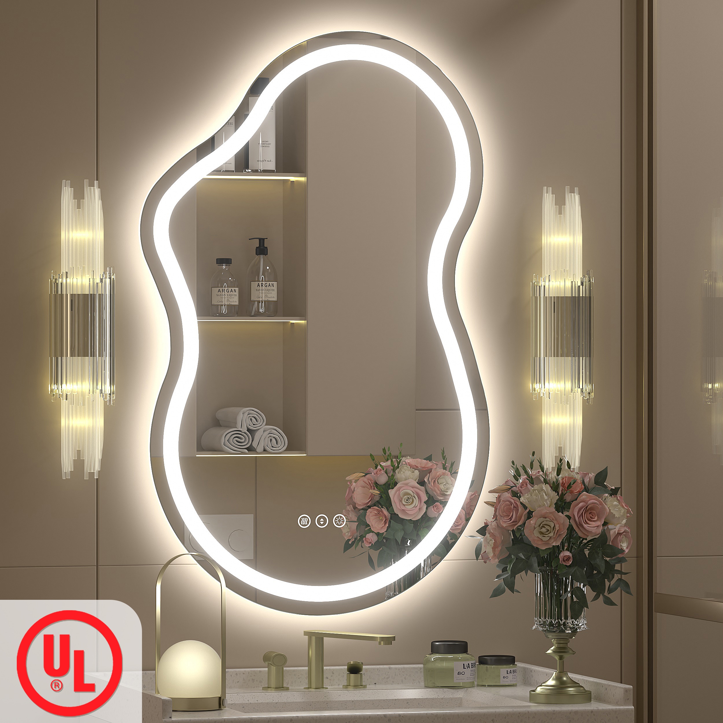 Apmir UL Certified Irregular LED Anti-Fog Stepless Dimmable 3-Color Lighting Tempered Glass Bathroom Vanity Mirror