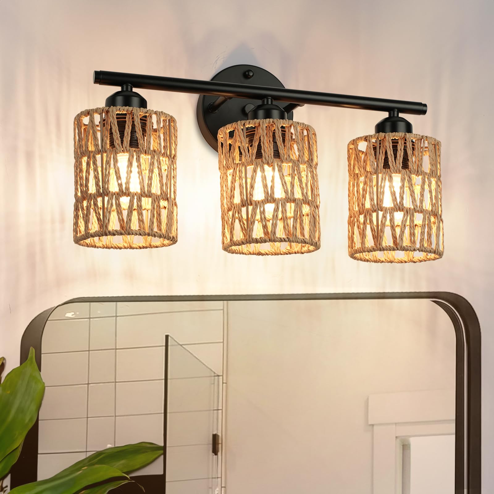 OMOMMD 3-Light Rattan Bathroom Vanity Light Woven Lampshade Black Wall Sconce
