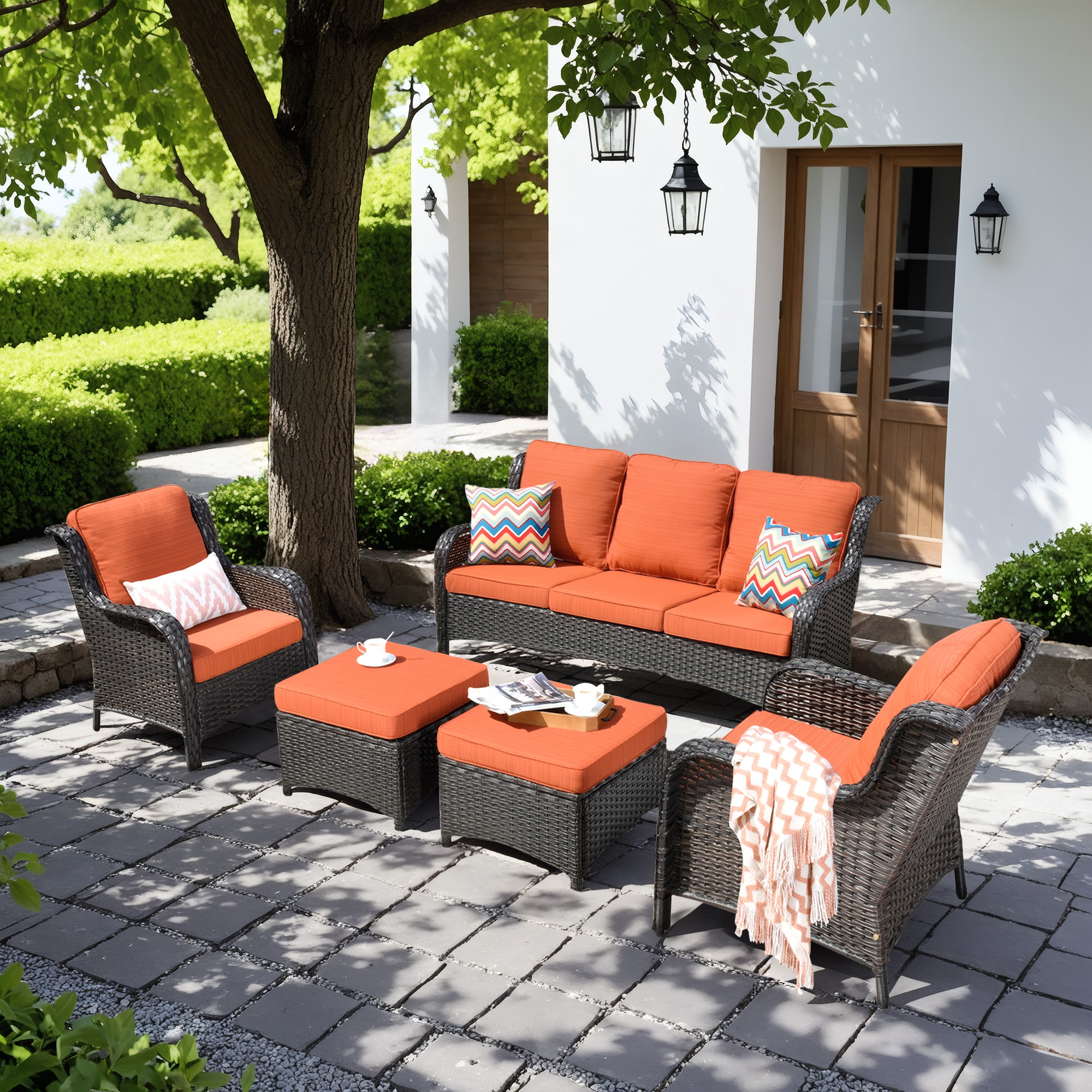 Ovios BRS902 5 -Piece Wicker Patio Sofa Conversation Set with Red Cushions