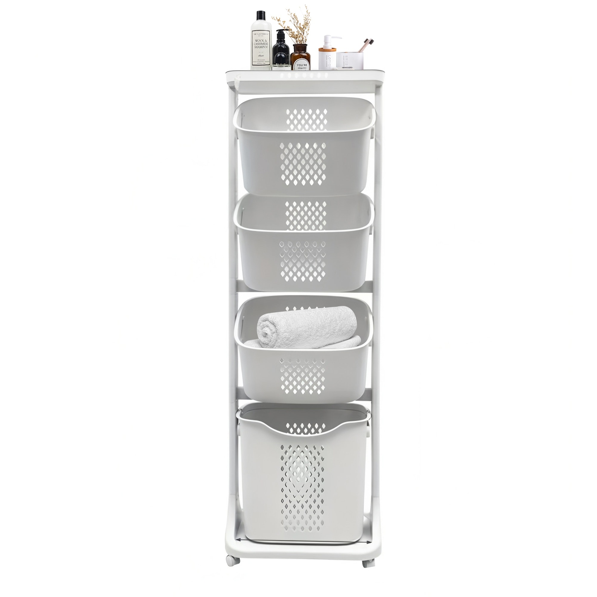 Vorene 4-Tier Laundry Hamper Sorter with Wheels Rolling Baskets White