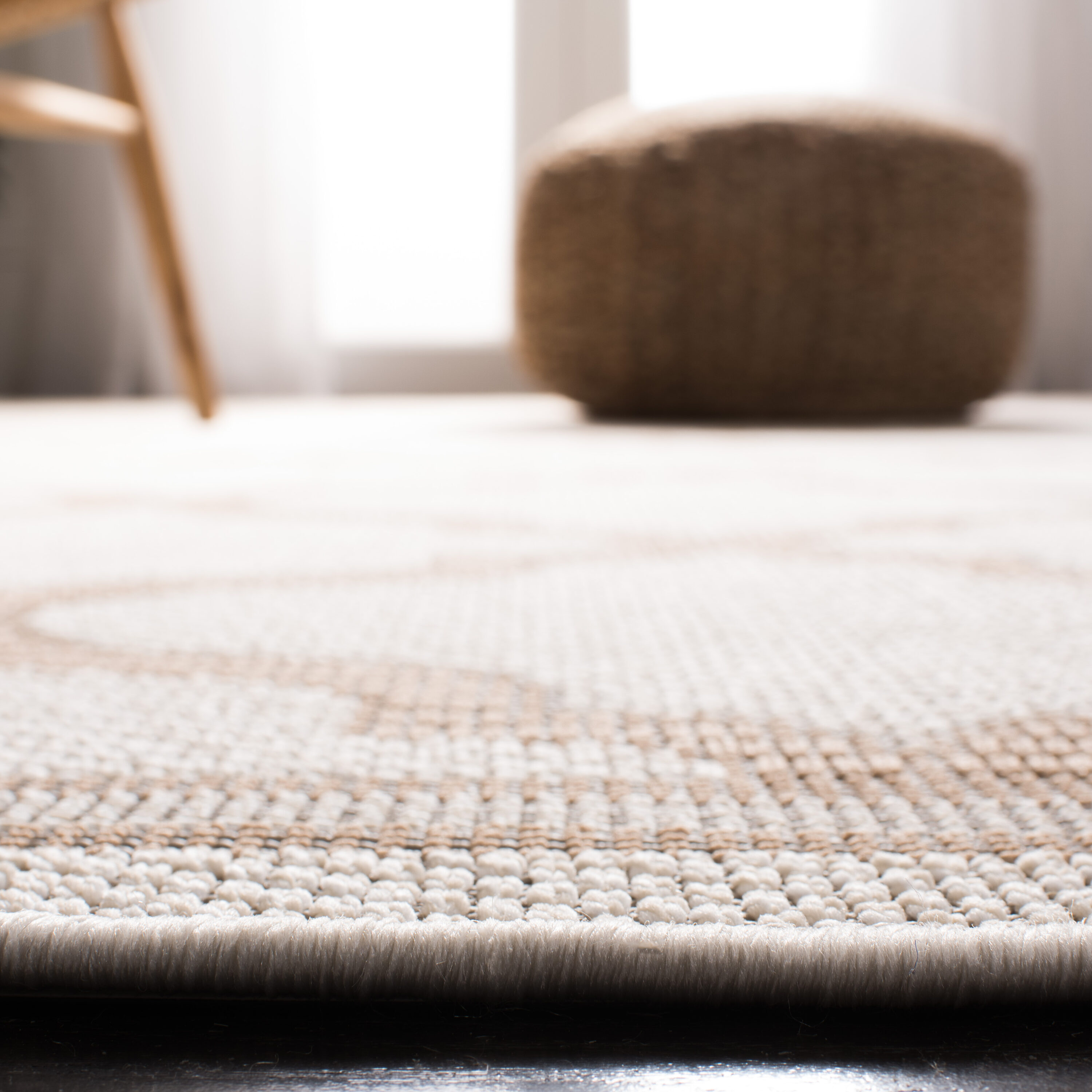 Ivory Beige Geometric Synthetic 8' Square Area Rug