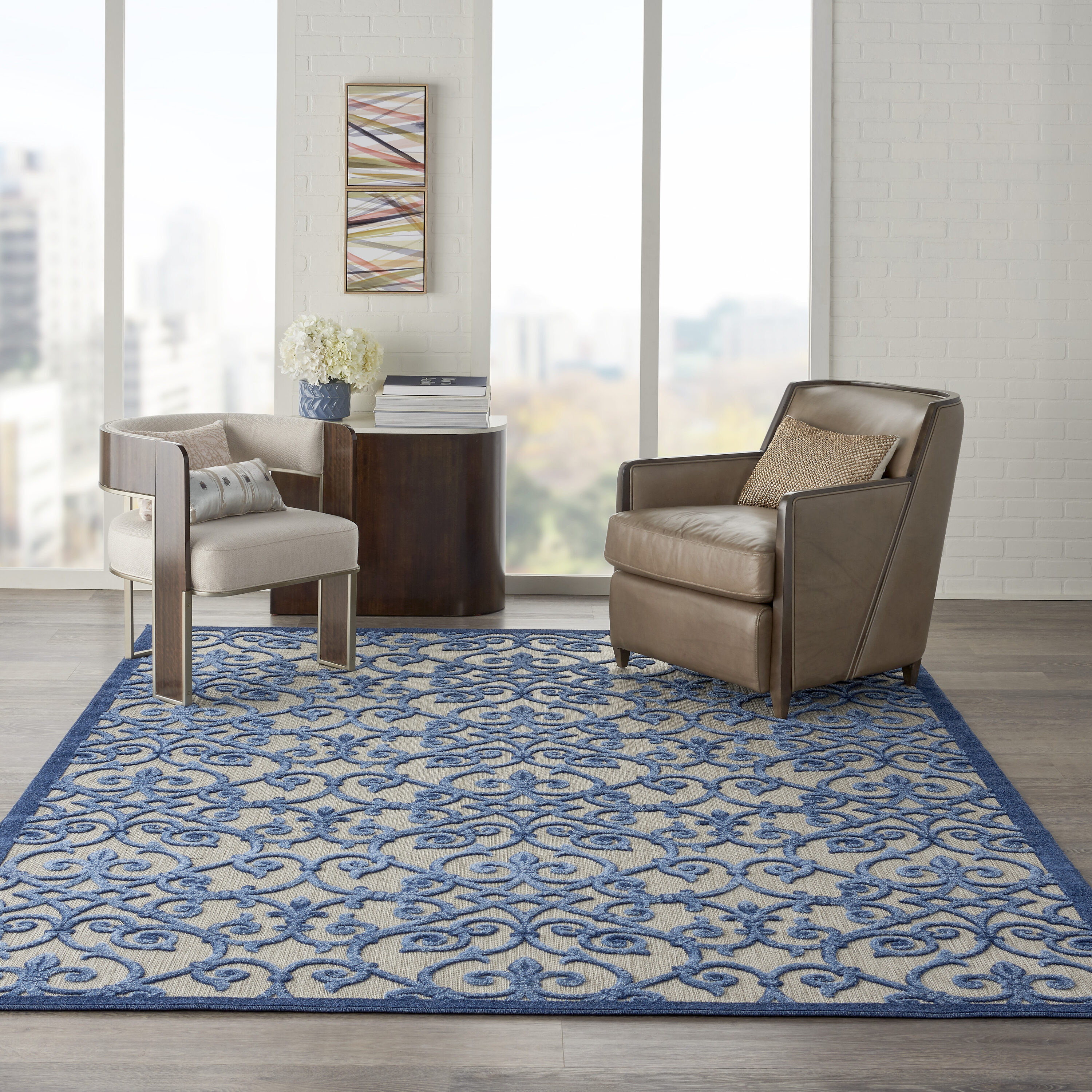 Nourison 99446739704 Aloha 7 x 10 (ft) Loomed Polypropylene Grey/blue Rectangular Indoor/Outdoor Abstract Area rug